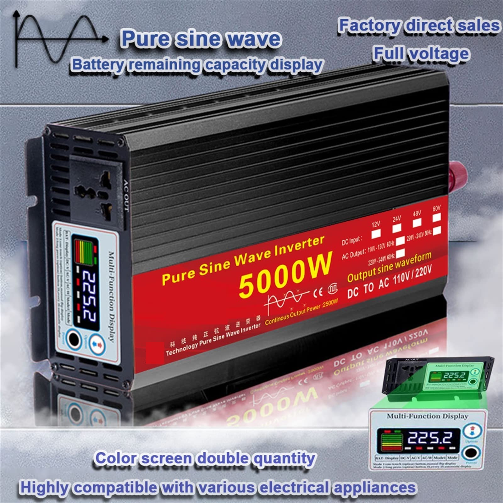 Falownik z czystą sinusoidą, Falownik sinusoidalny DC 12 v/24 v do AC 110 V/220 V 2000 W 3000 W 4000 W 5000 W transformator napięcia konwerter mocy falownik słoneczny(4000w,60V_240 50HZ_UPGRADE)