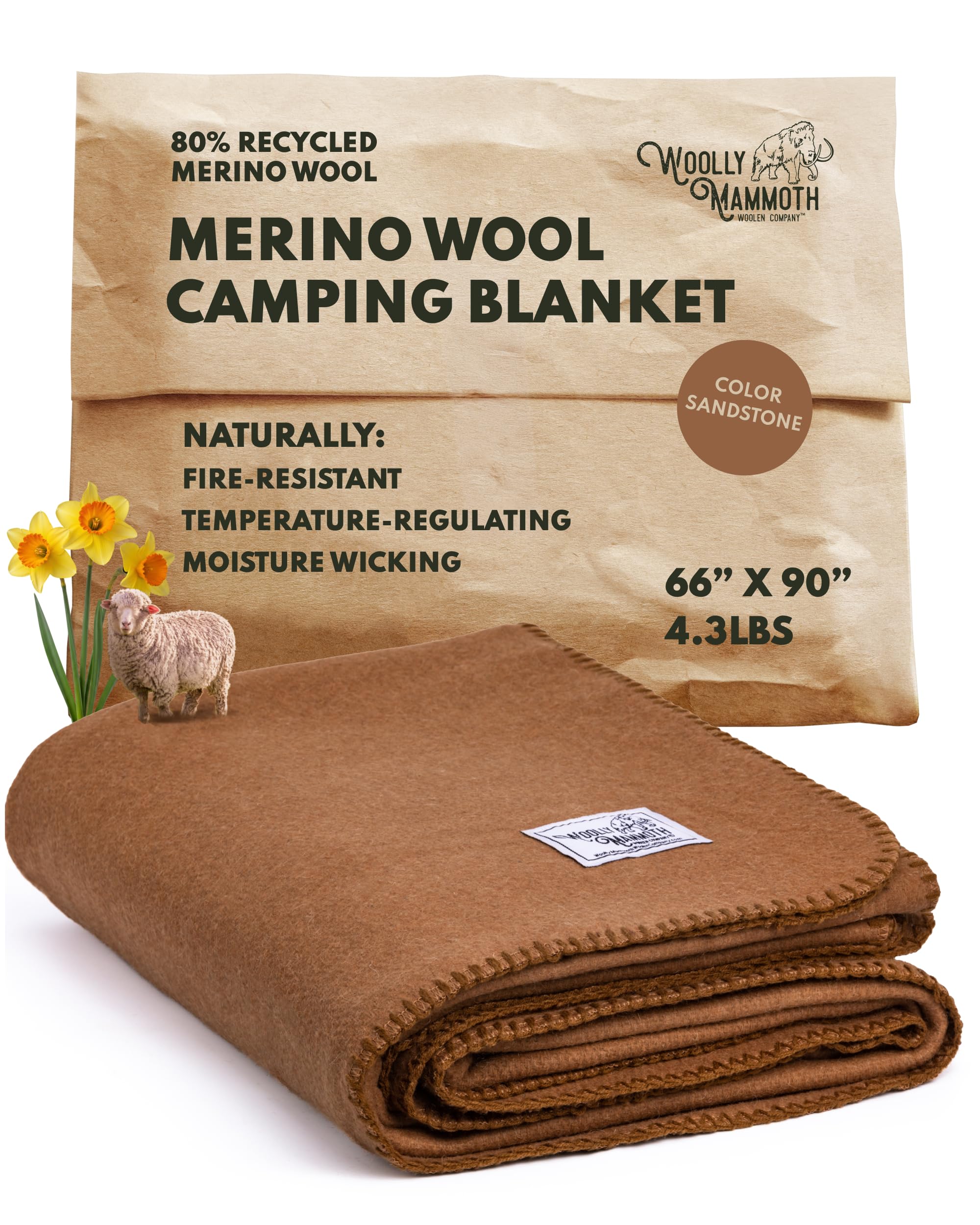 woolly mammoth woolen company wool blanket - 66 x 90 in, sandstone, 80% merino wool - camping blankets for cold weather - double-stitched durability for overlanding, hunting, emergency kits, bushcraft