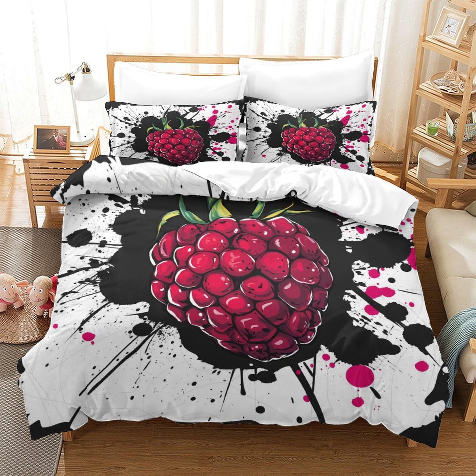 P1S9U7W5Y Artistic 3D Printed Raspberry Pattern Duvet Cover Set 3 Pieces Microfiber Berry Bedroom Bedding Set Soft Breathable for Adults Super king（260x220cm）