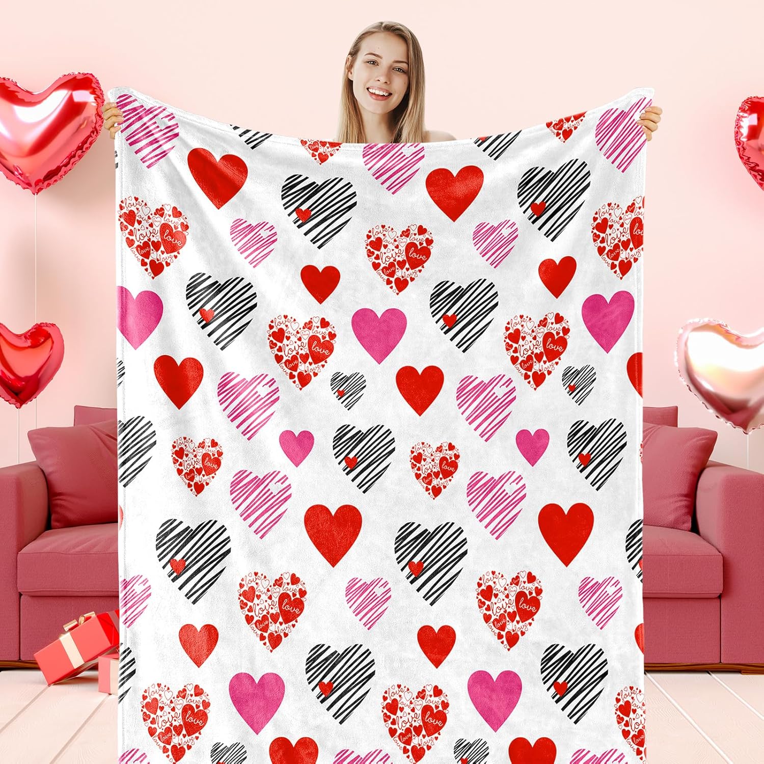 JarThenaAMCS Valentine's Day Throw Blanket Love Heart Decorative Fuzzy Flannel Blanket 60 x 50 Inch Soft Blanket for Home Chair Sofa Couch Bed Supplies - Image 2