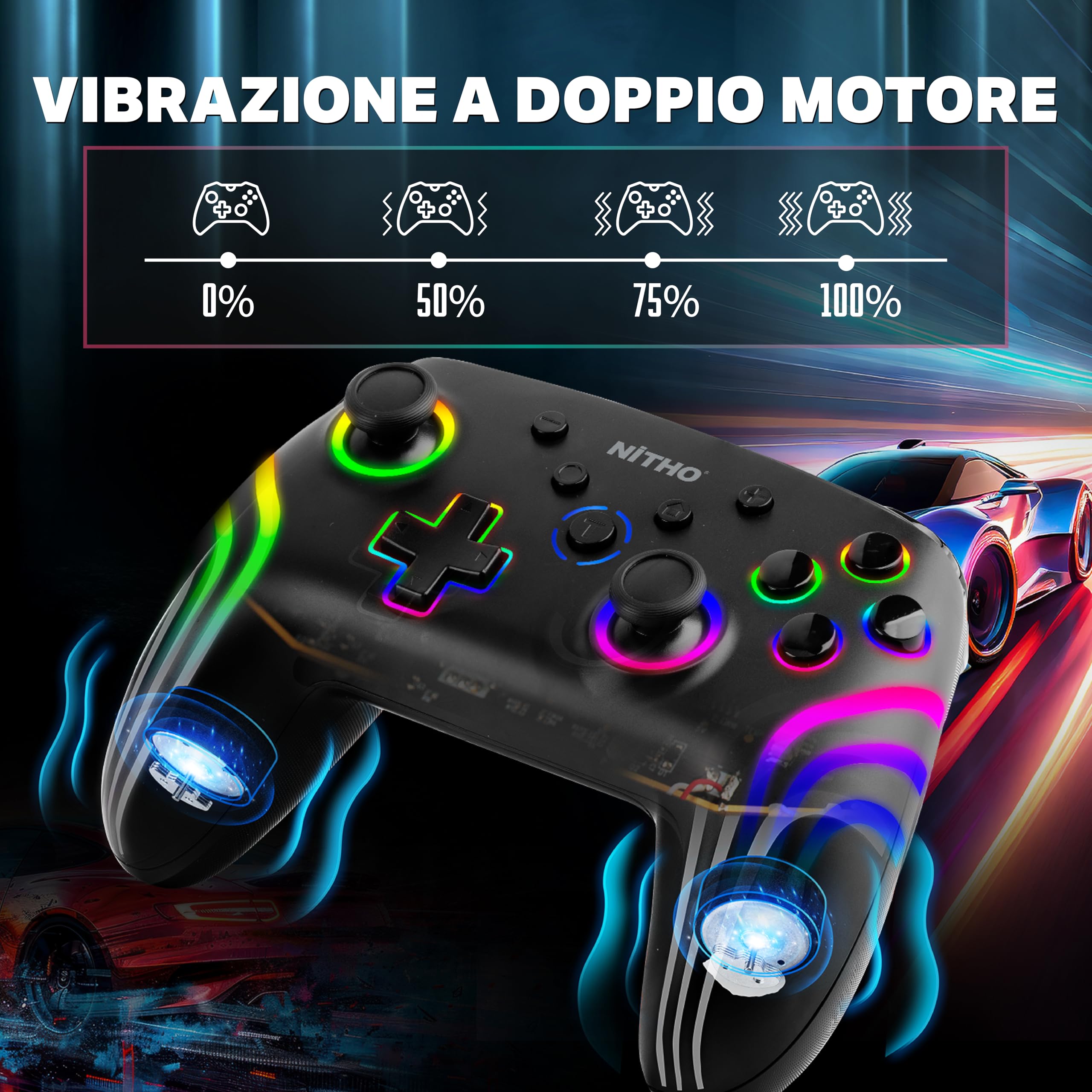 NITHO NEXUS DARK OPS Wireless Controller Compatibile con Switch/Switch 2/PC/Android/iOS, Gamepad con LED RGB, Trigger Effetto Hall, Giroscopico a 6 Assi, Turbo, Joystick Ergonomico - Nero