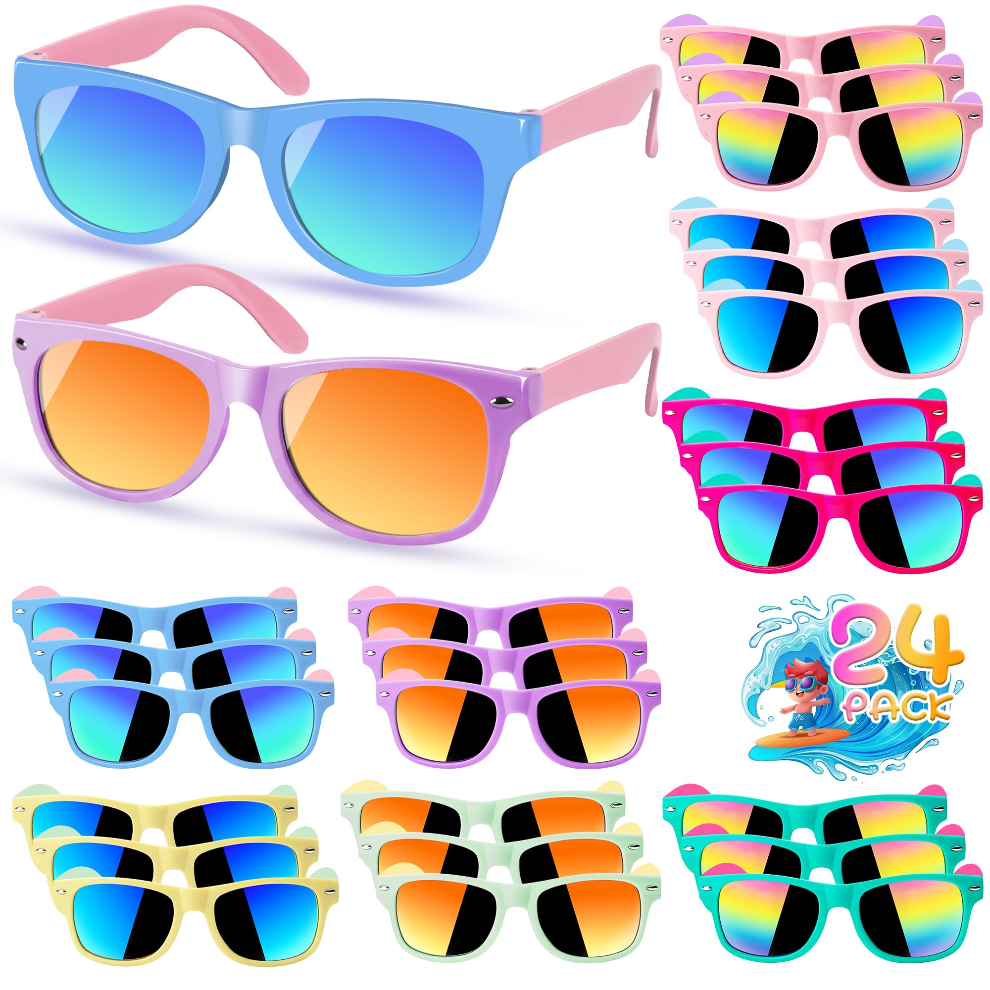 Kids Sunglasses Bulk, Kids Sunglasses Party Favors for Age 3-8, UV400 Protection Neon Kids Sunglasses Bulk for Boys Girls (Square 24 Pack)