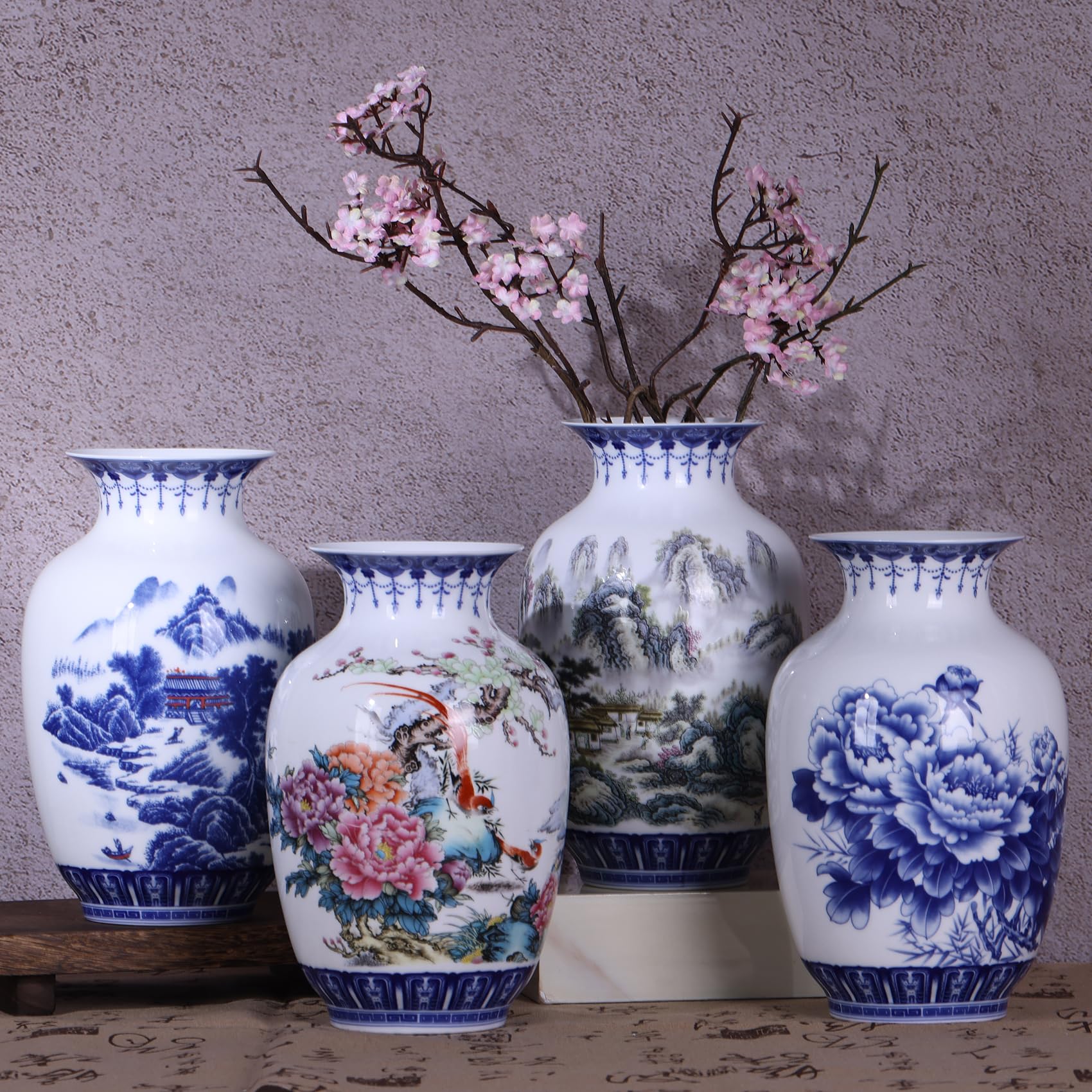 Vaso artigianale in porcellana blu e bianca, corpo sottile, design tradizionale cinese con zucca invernale a parete sottile e bocca larga, perfetto per la decorazione della casa, della scrivania e