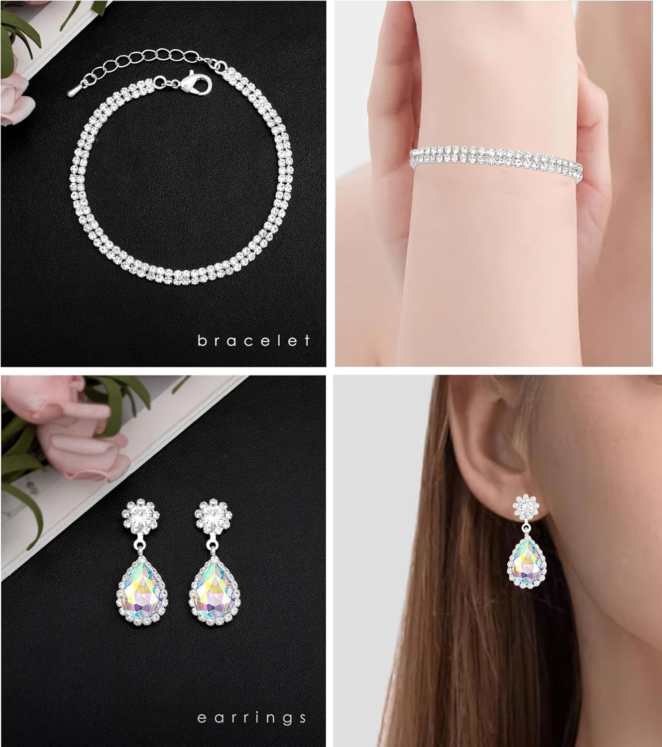 Elegant Silver Crystal Wedding Necklace Earrings Bracelet Jewelry Set for Women Brides Bridesmaids Prom Party Costume Accessory Bridal Jewelry - Image 6