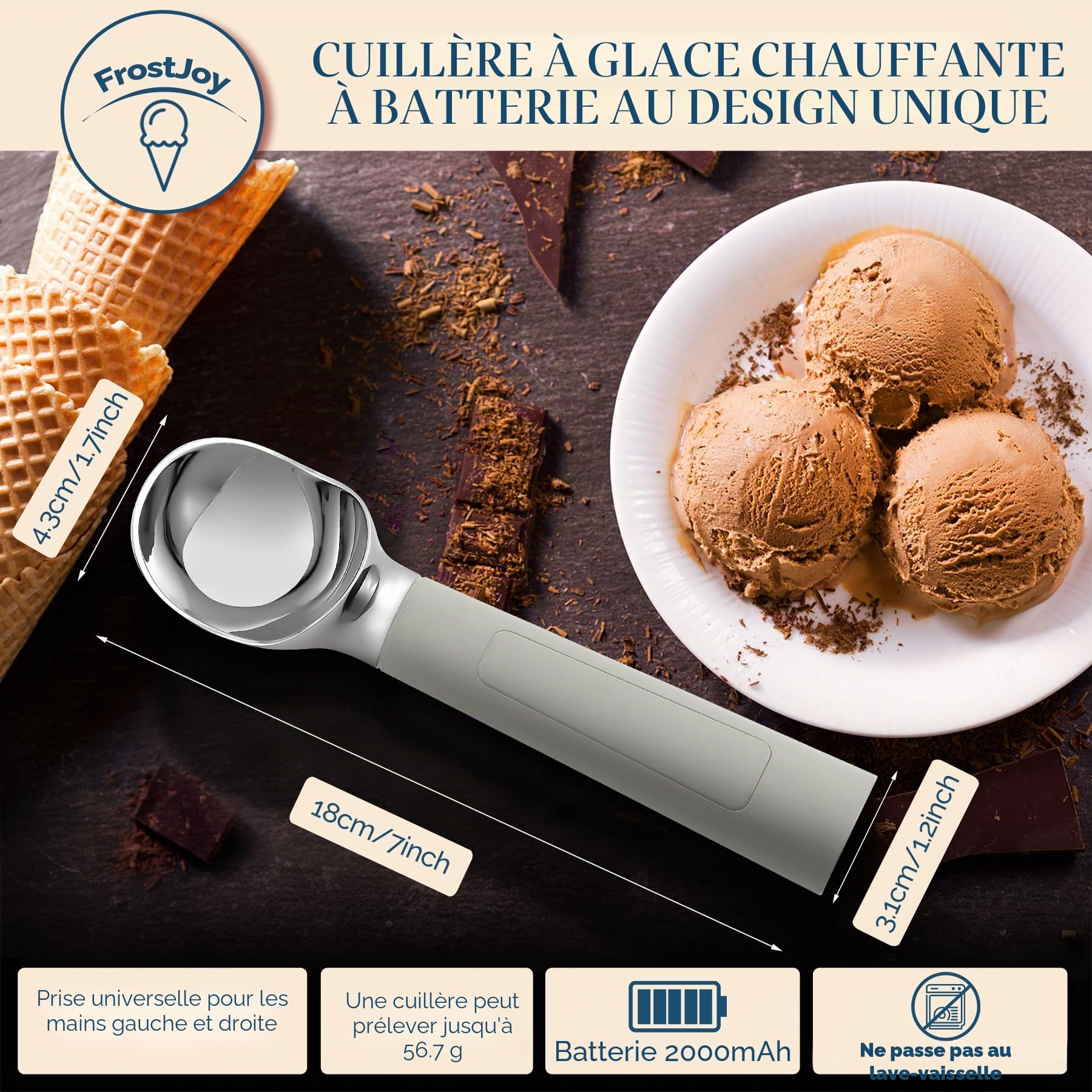 Cuillère à crème glacée chauffante rechargeable, cuillère à glace électrique avec affichage LED, chauffe à 70°C pour la glace dure, facile pour les seniors et les enfants, étanche IP67 (Gris)