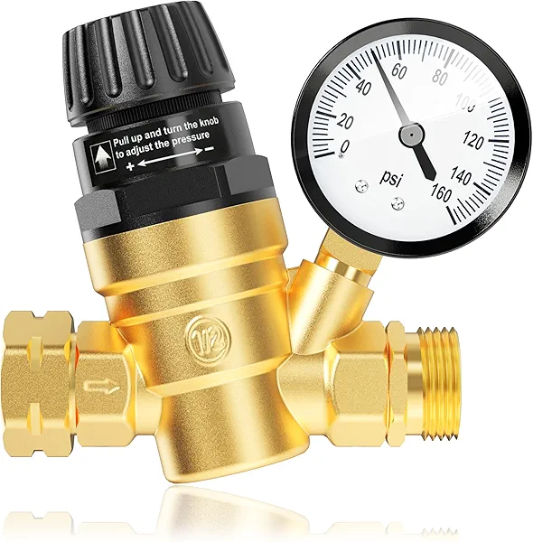 AOLINK RV Water Pressure Regulator Valve, Brass Lead-Free Adjustable Water Pressure Reducer with Gauge and Inlet Filter for RV Camper and Travel Trailer