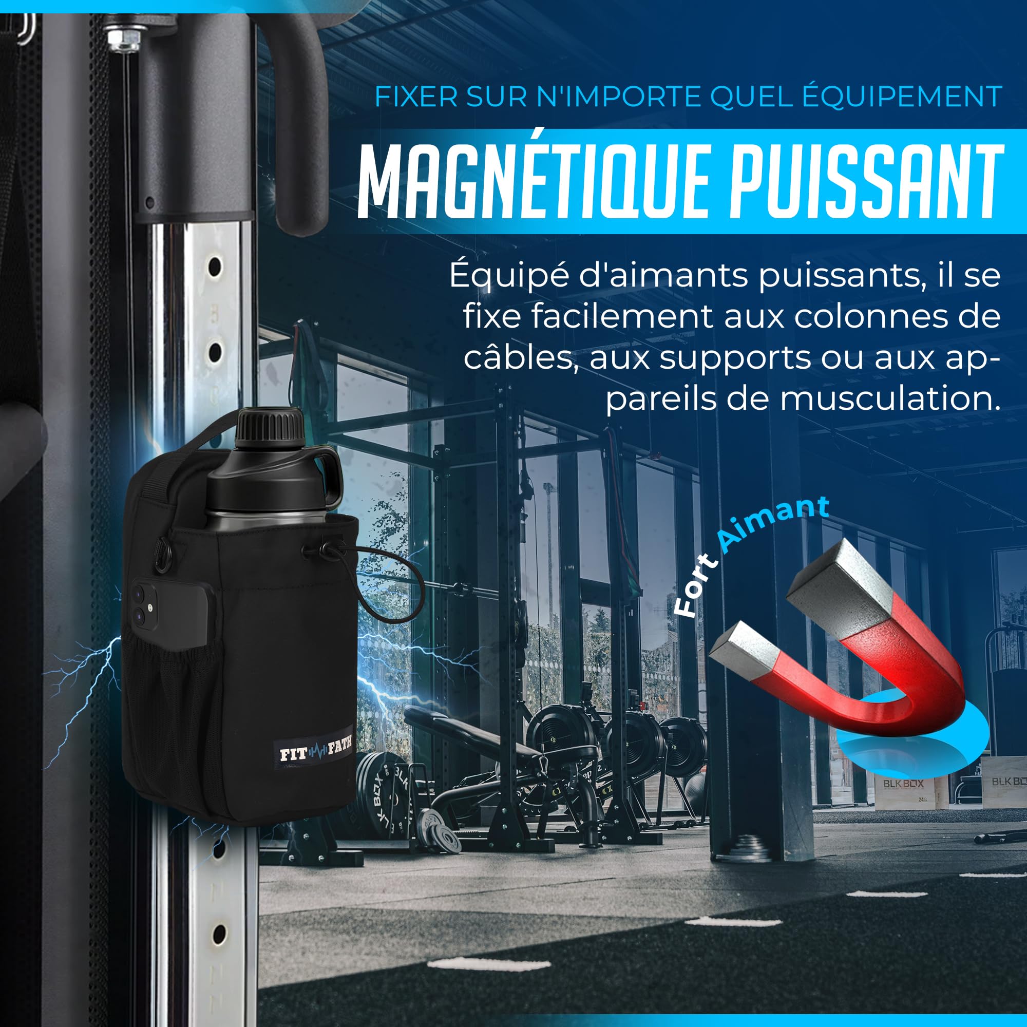Sac porte gourde magnétique 1,5L – Sac magnétique bouteille sport waterproof - Étanche pour téléphone portable, clés, carte – Sac multifonction randonnée, vélo, course, fitness, voyage