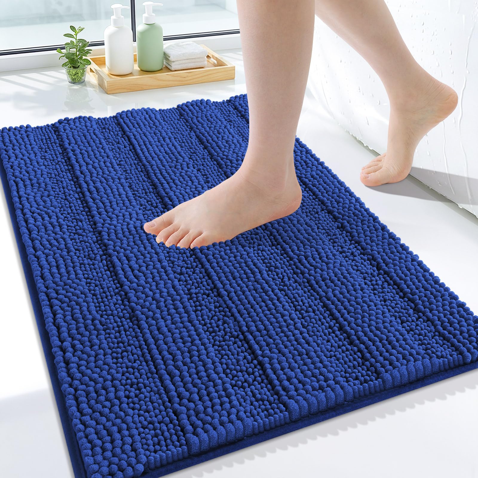 Grandaily Chenille Bathroom Rugs 24x16, Soft Bath Mats, Cobalt Blue