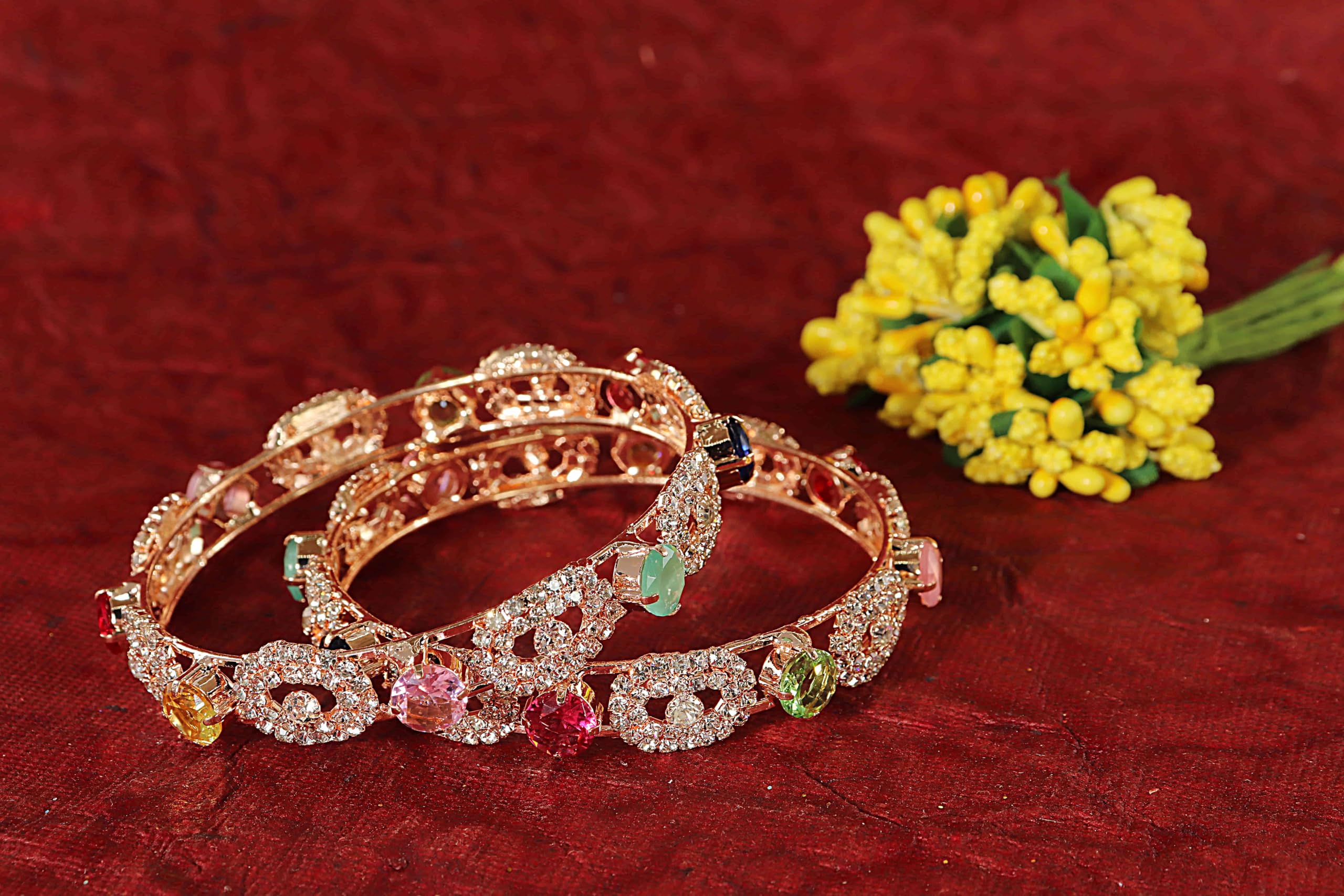 LAVAZZA Rose Gold CZ Amercian Diamond Alloy Metal Bangles Kada Set For Women & Girls | Colourful Kangan | Kangan Set For Girls | Pearls Kada | Stylish Chudi-(RKM19-Multi-2.8)
