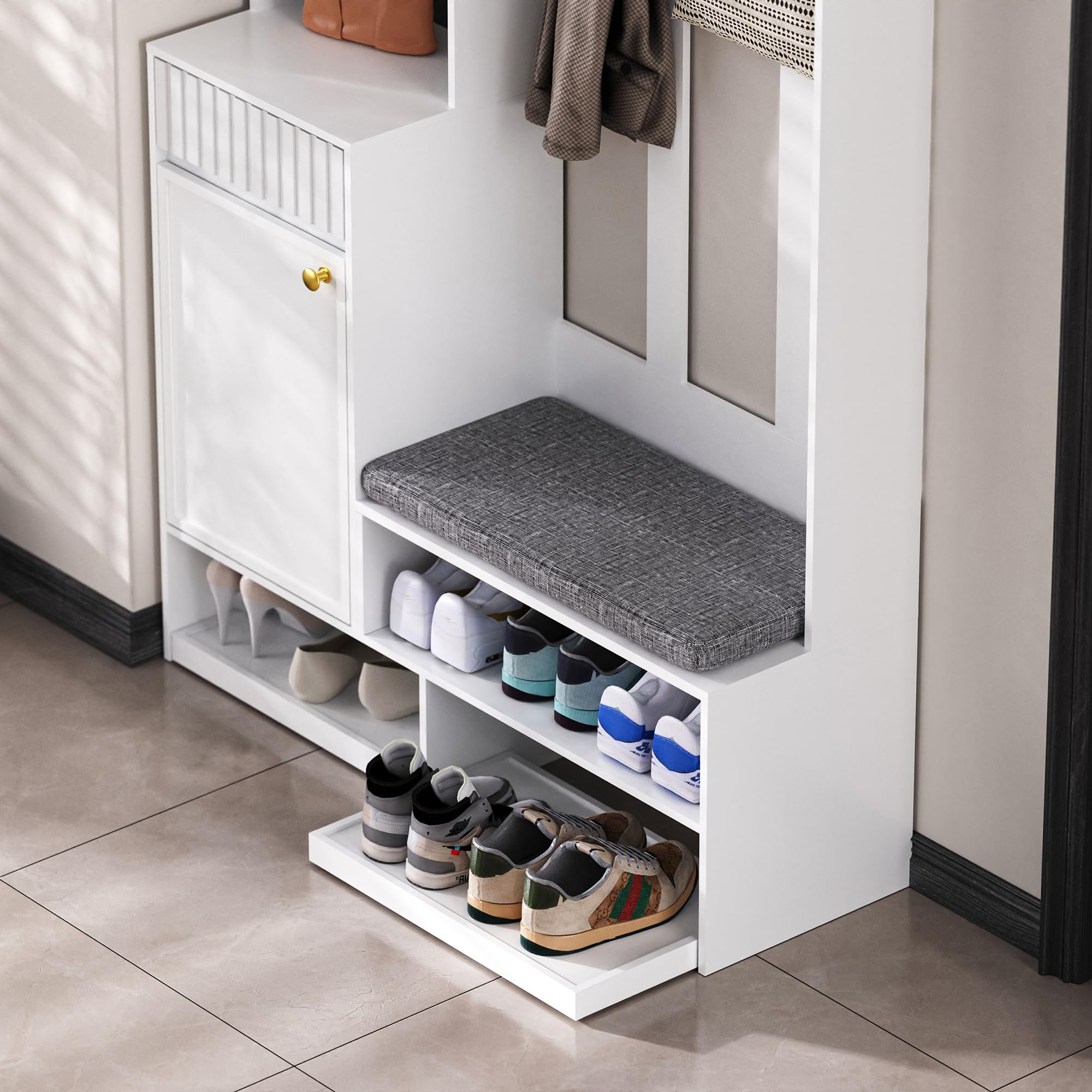 SogesHome Garderobenset mit Sitzbank, 4 Haken, Schubladen, Türen & Lochwand Flurgarderobe Weiß für Eingangsbereich 100 x 180 x 35 cm