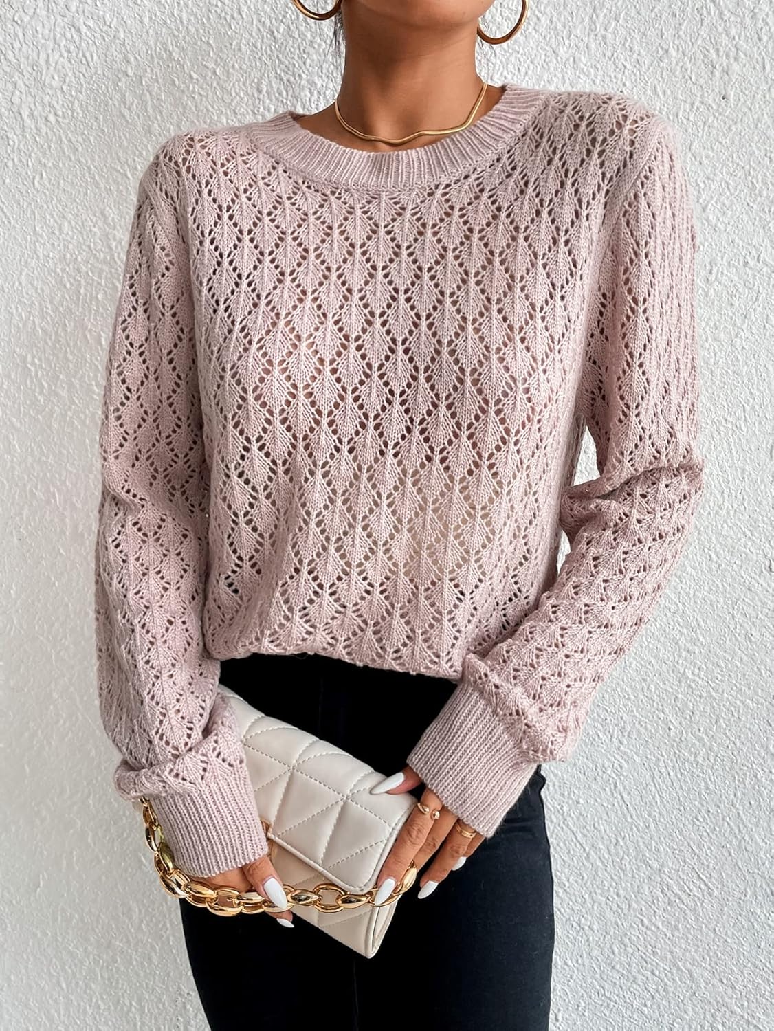 Women's Sweater Open Knit Round Neck Sweater Sweater for Women (Color : Dusty Pink, Size : Medium)