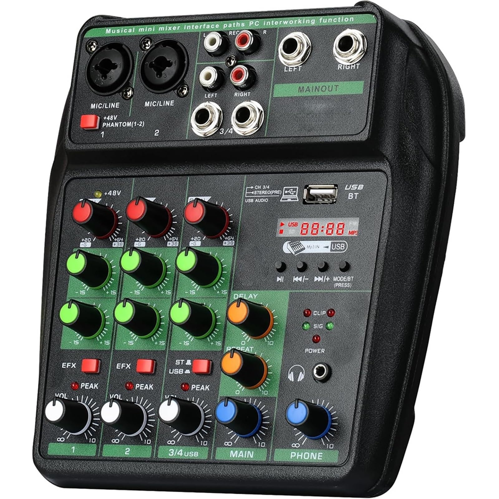 Kontroler DJ-ski, Przenośny 4-kanałowy mikser, konsola do nagrywania dźwięku, karta miksująca z interfejsem USB BT 48V komputera DJ-skiego, mikrofonu MP3