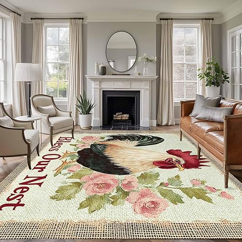 Miniatura 2 de 5x8 Area Rugs, Retro Rooster Non-Skid Rubber Backing Large Rectangle Rugs - Living Room Bedroom Home Office, Watercolor Animals Spring Flower Indoor