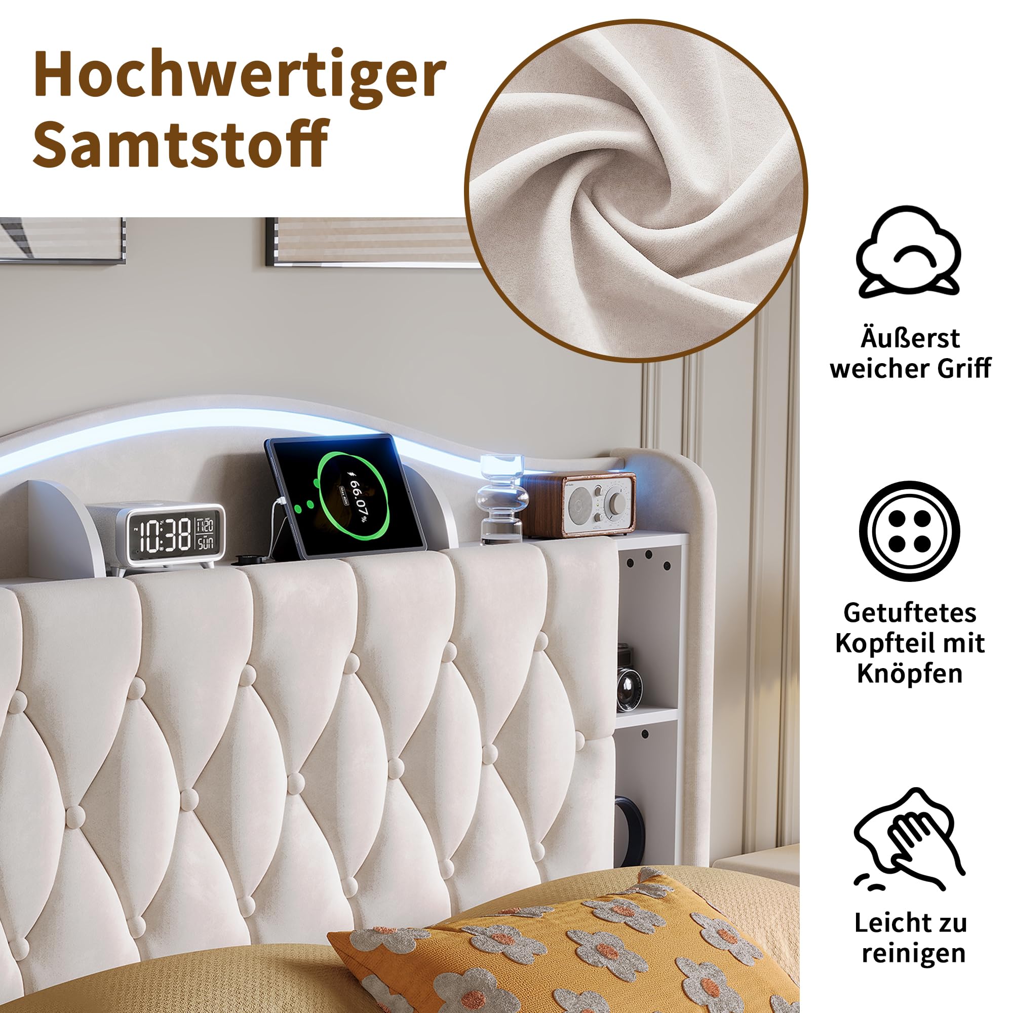 BRILVERDE Łóżko tapicerowane 160 x 190 cm, z miejscem do przechowywania, podwójne łóżko z diodami LED/USB, rama łóżka ze stelażem i zagłówkiem, łóżko młodzieżowe dla dorosłych i młodzieży, aksamitne