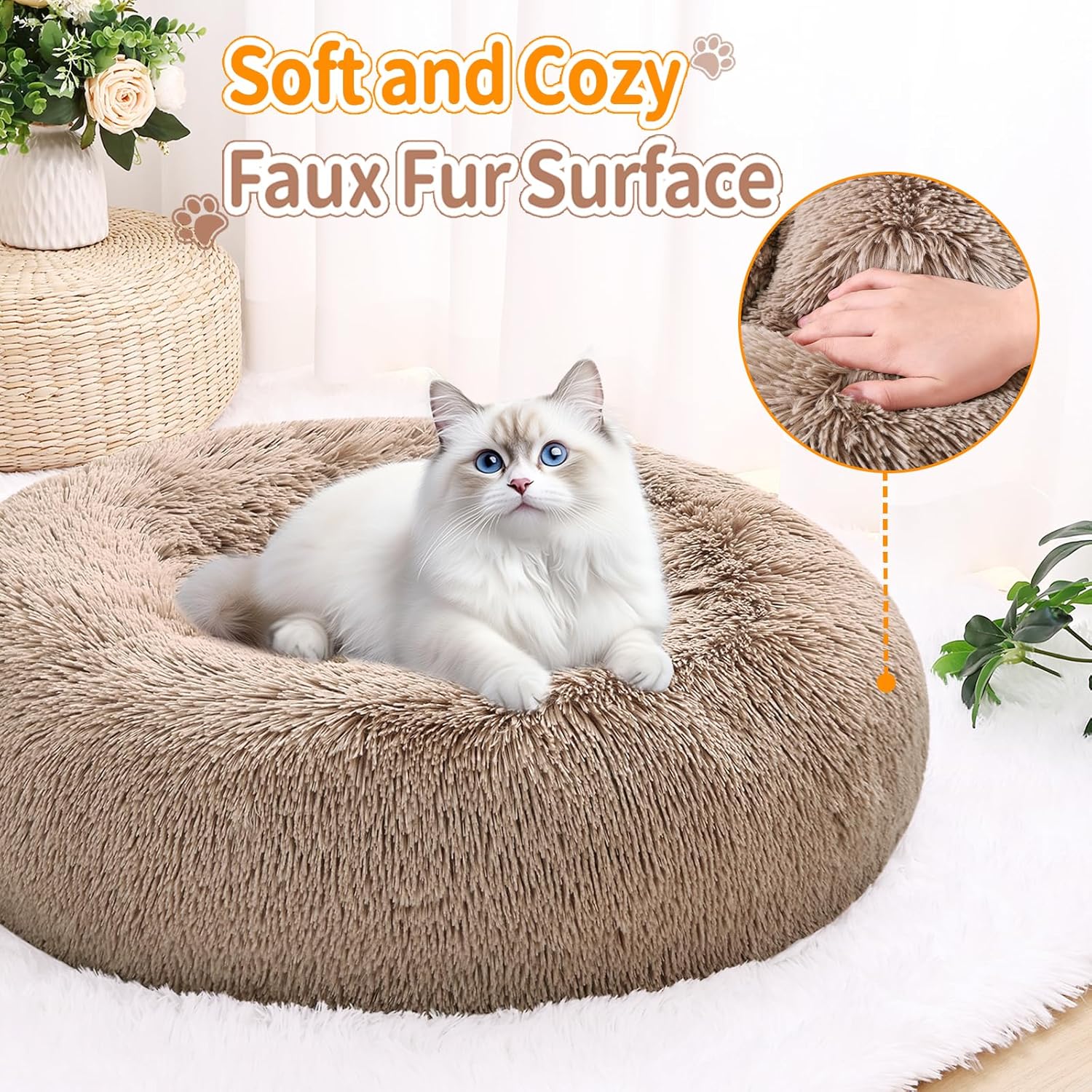Smiry Calming Soft Dog & Cat Bed, Faux Fur Pet Bed Self-Warming Donut Cuddler, Washable Round Fluffy Pet Bed for Small Medium Dogs and Cats, 23x23x8 Inch, Camel