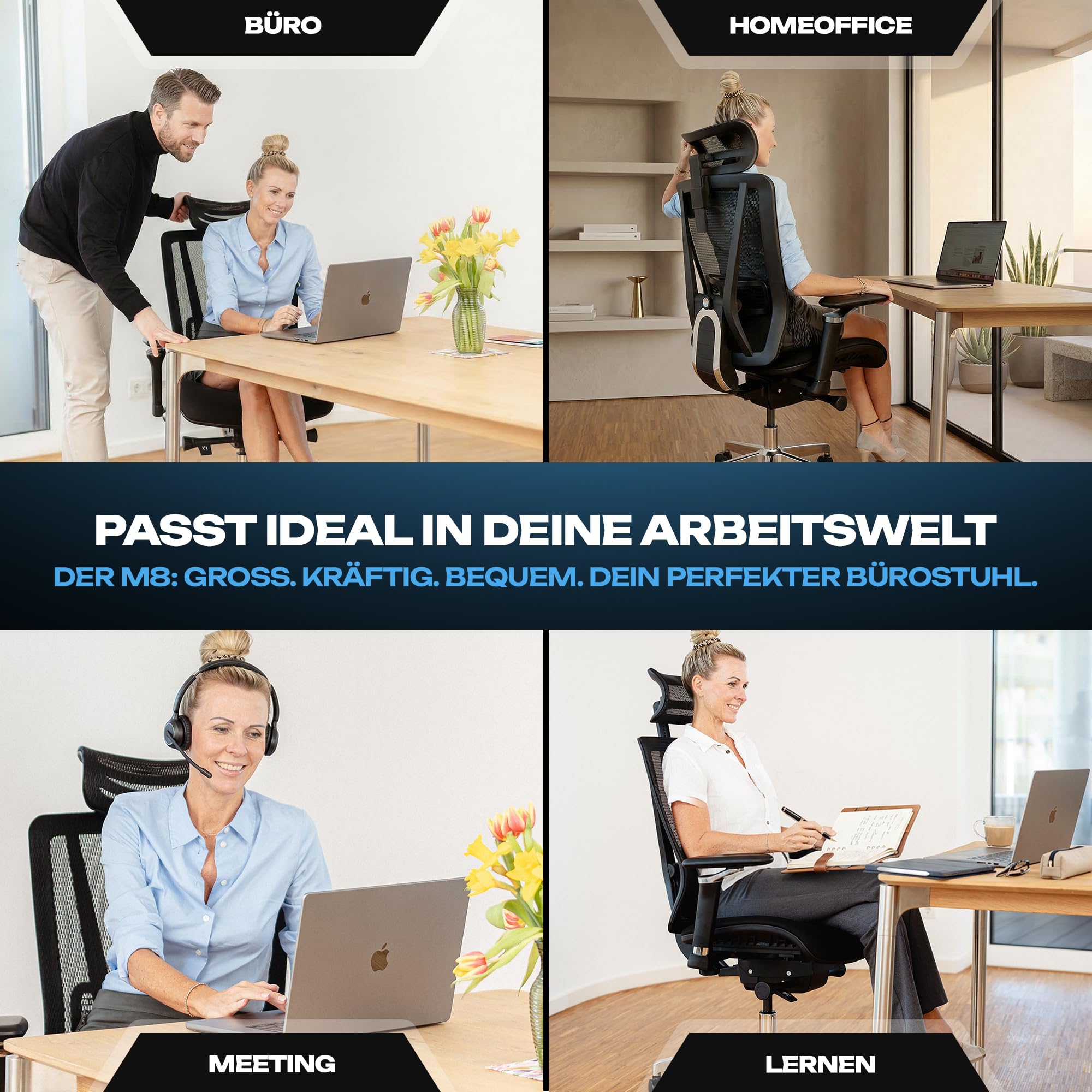 VALKENSTOL M8 Bürostuhl Ergonomisch Testsieger für Grosse Menschen, Breite Sitzfläche Schreibtischstuhl, Office Chair mit Lordosenstütze, Verstellbare Rückenlehne für Gesundes Sitzen Chefsessel 150kg