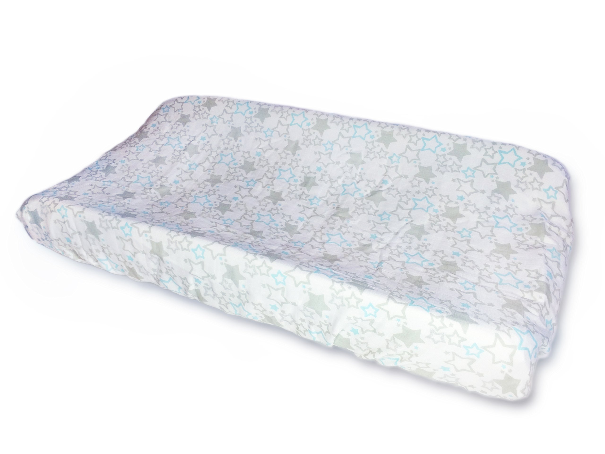 SwaddleDesigns Cotton 2-Layer Muslin Changing Pad Cover, Pastel Blue & Sterling Starshine Shimmer