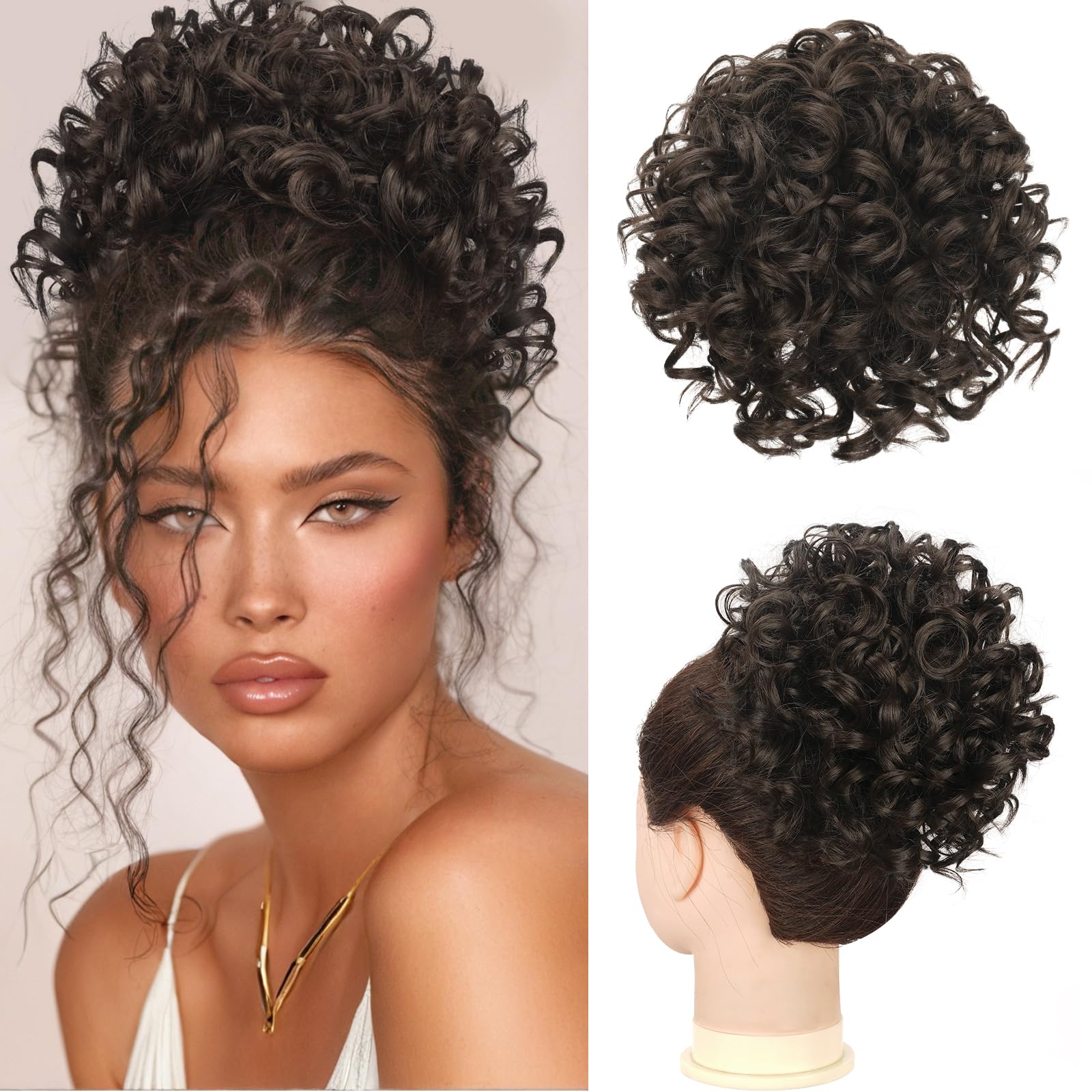 RUWISS Chignon Postiche Cheveux Grande Postiches Bouclés Ondulés Naturel Synthétique Chouchou Postiche de Cheval Chignon Elastique Cordon de Serrage pour Femmes Fille (80g Noir Marron)