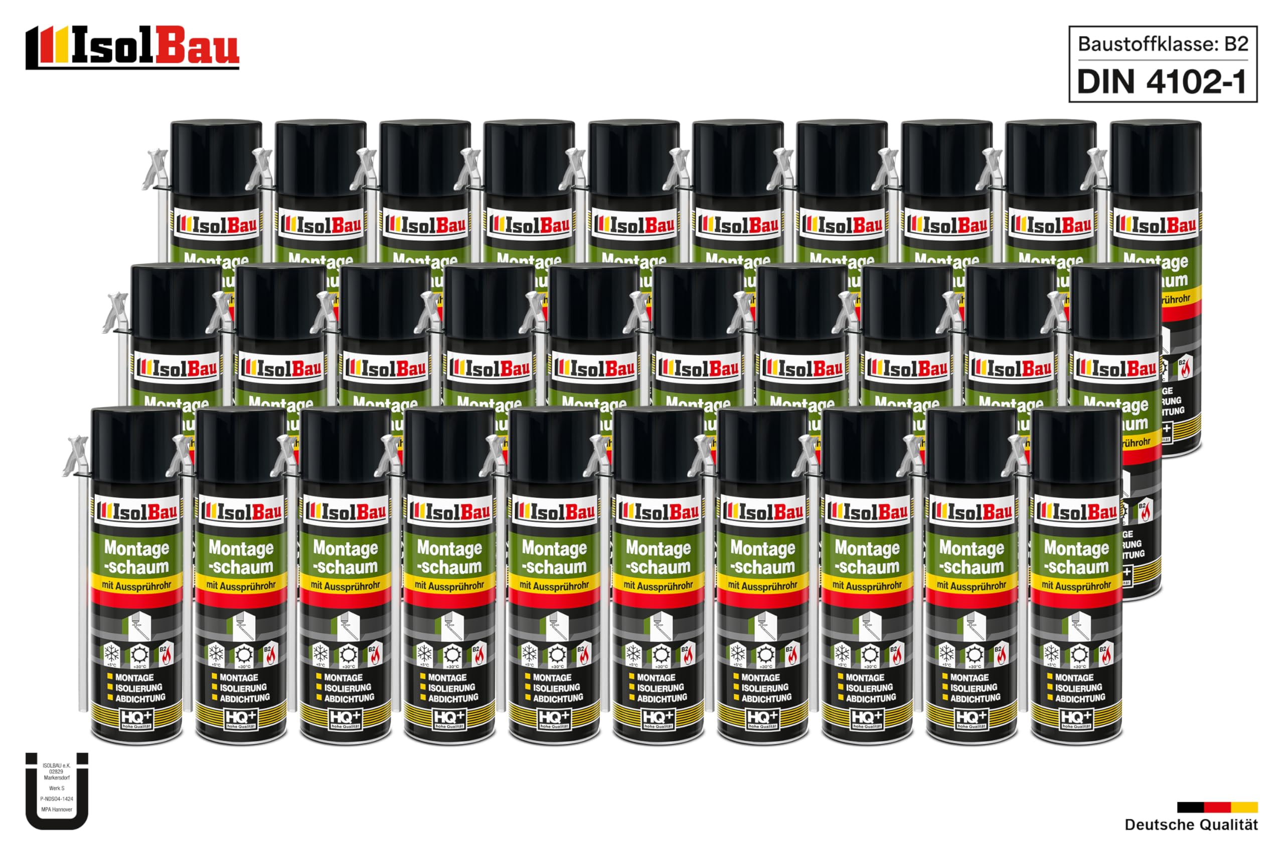 Isolbau B2 Montageschaum mit Aussprührohr - 30 x 500 ml PU-Bauschaum für Montage, Isolierung, Abdichtung, Innen & außen