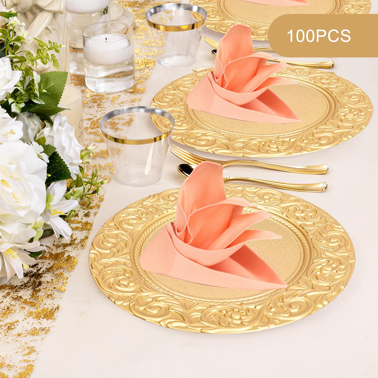 Platos dorados 100 unidades, 33 cm, diseño de arrecife de plástico, con relieve, platos decorativos para bodas y fiestas