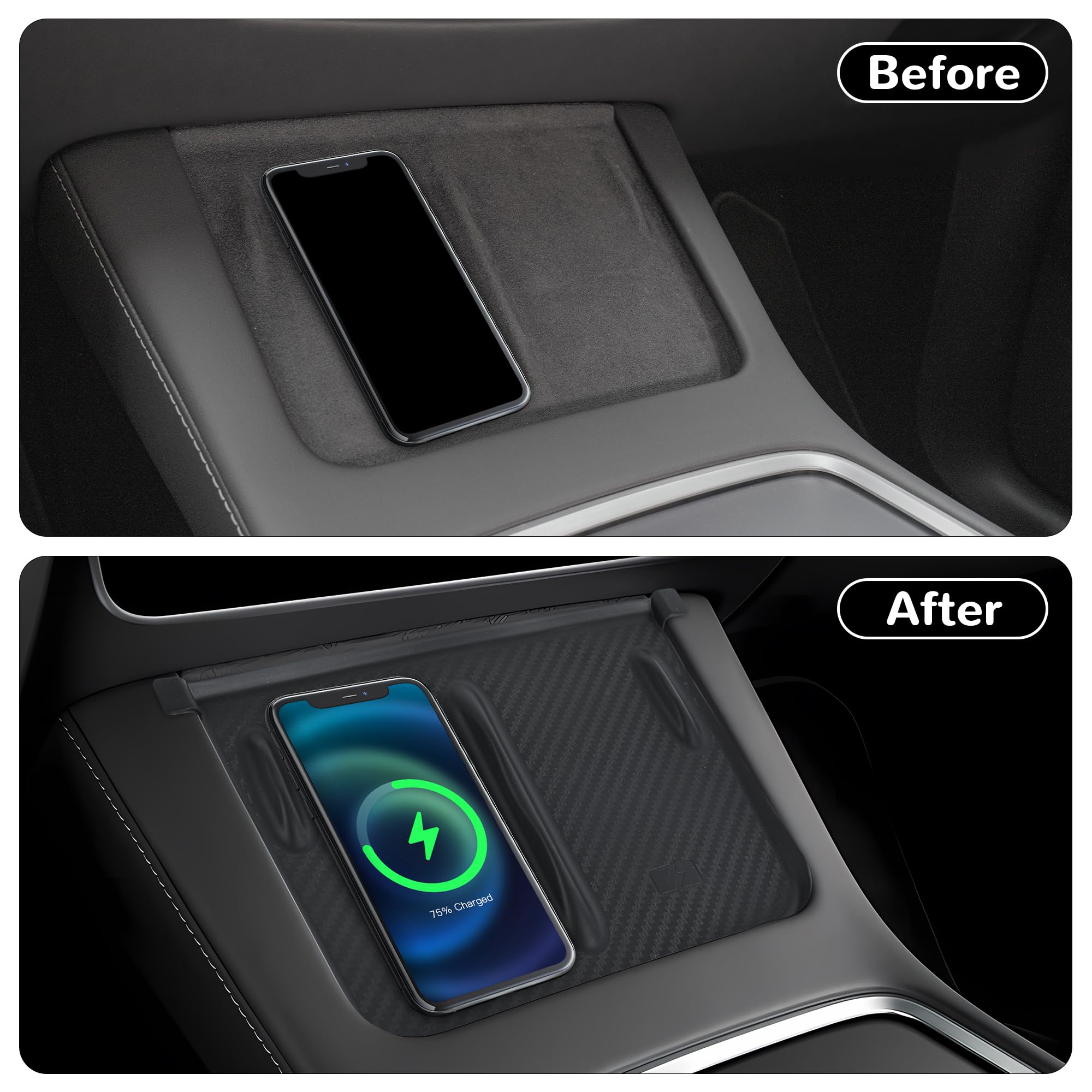 Housse De Chargement Sans Fil Pour Tesla Model 3/Y (2021-2024) - Texture Fibre De Carbone Noire