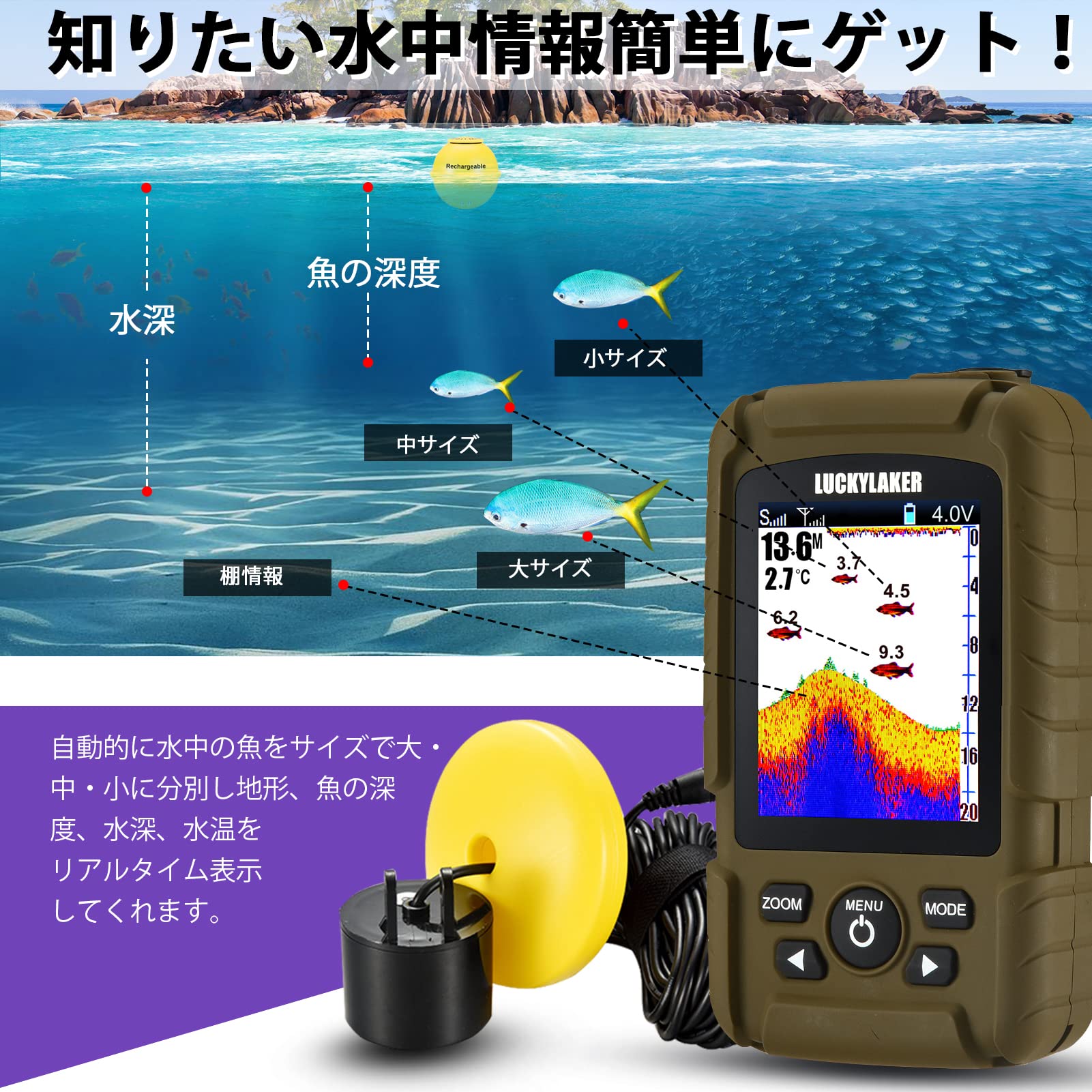 Amazon | LUCKYLAKER 小型 有線 魚群探知機 ポータブル カヤック