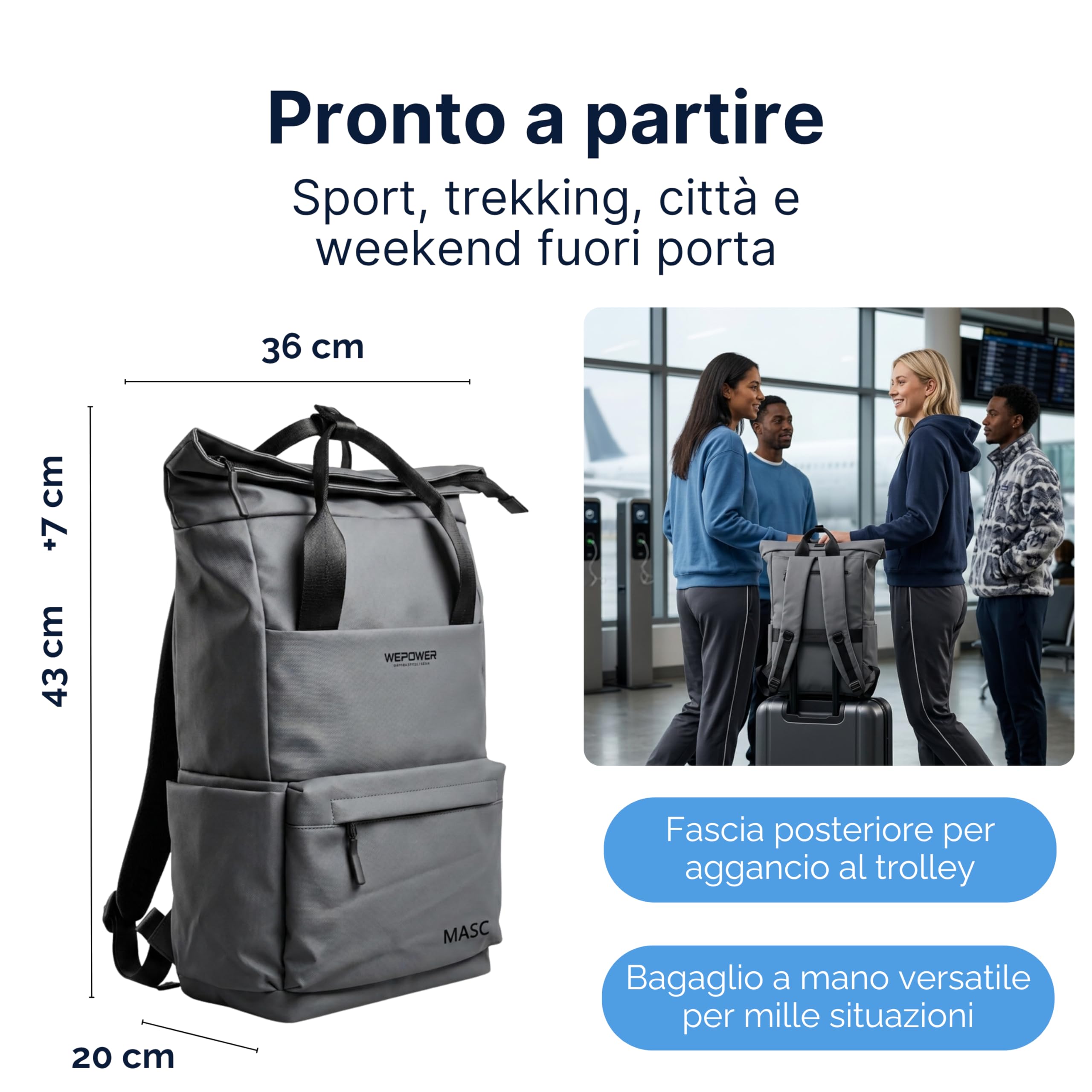 MASC Zaino Rolltop per PC, Zaino Professionale Elegante Multitasche, Ergonomico e Impermeabile ideale per l’Ufficio