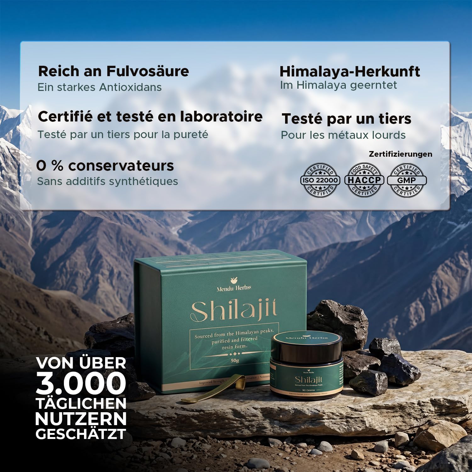 Shilajit Pur Résine 50 g | Shilajit Original Himalaya 100% Naturel | Approvisionnement 3 Mois+ | Riche en Acide Fulvique, +85 Oligo-éléments | Testé en Laboratoire | Végétalien