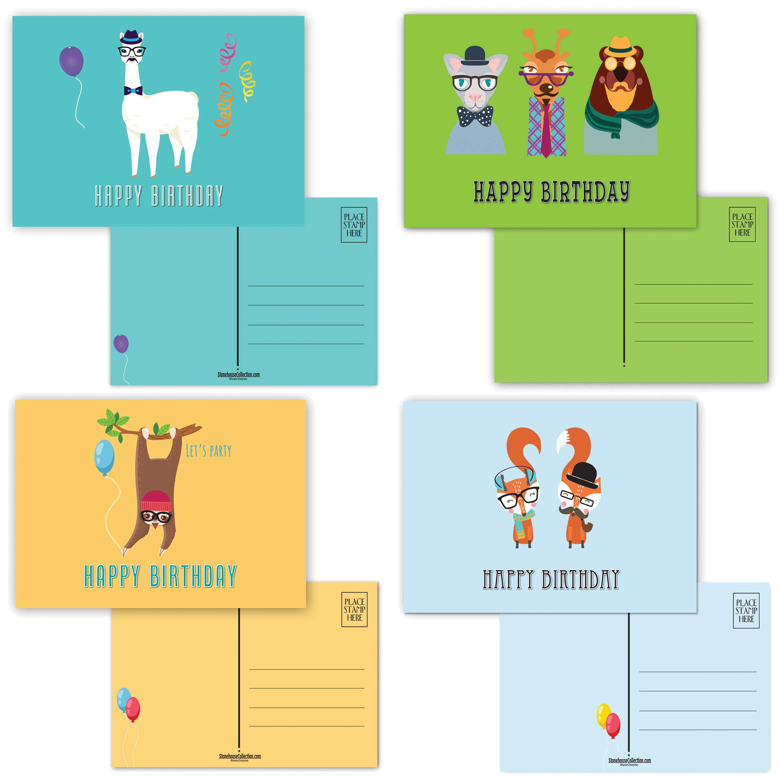Stonehouse Collection | 40 Cute Animal Happy Birthday Postcards | 4 Fun Birthday Designs | Full Color on Both Sides | 4" x 6" Postcards - Made In USA