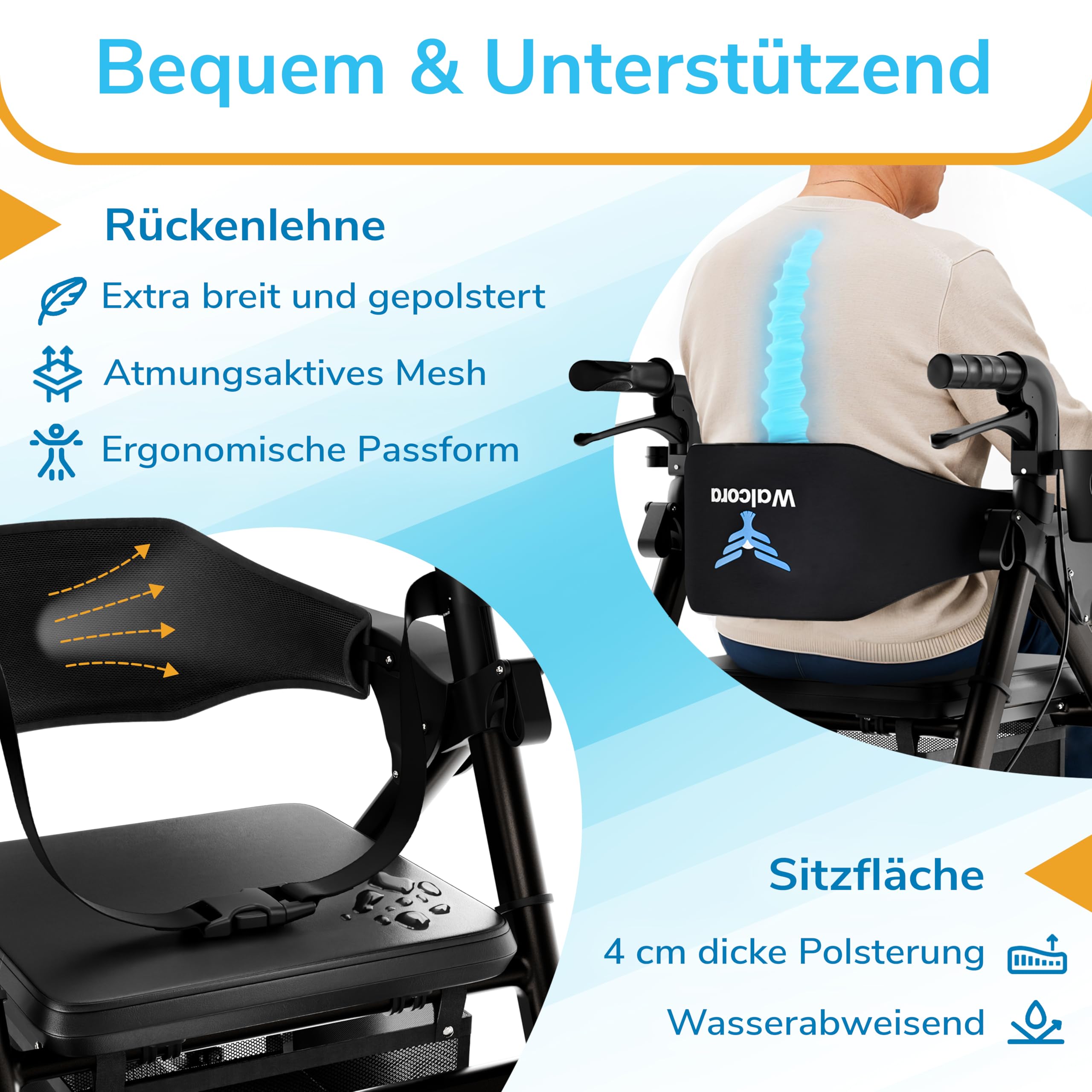 WALCORA 2 in 1 Rollstuhl Rollator Faltbar und Leicht mit Sitz – NEUHEIT 2026 – Gehhilfe für Senioren Outdoor & Indoor Wohnung – Klappbar Gummireifen Leichtgewicht Gehwagen Walker Wheelchair Kaufen
