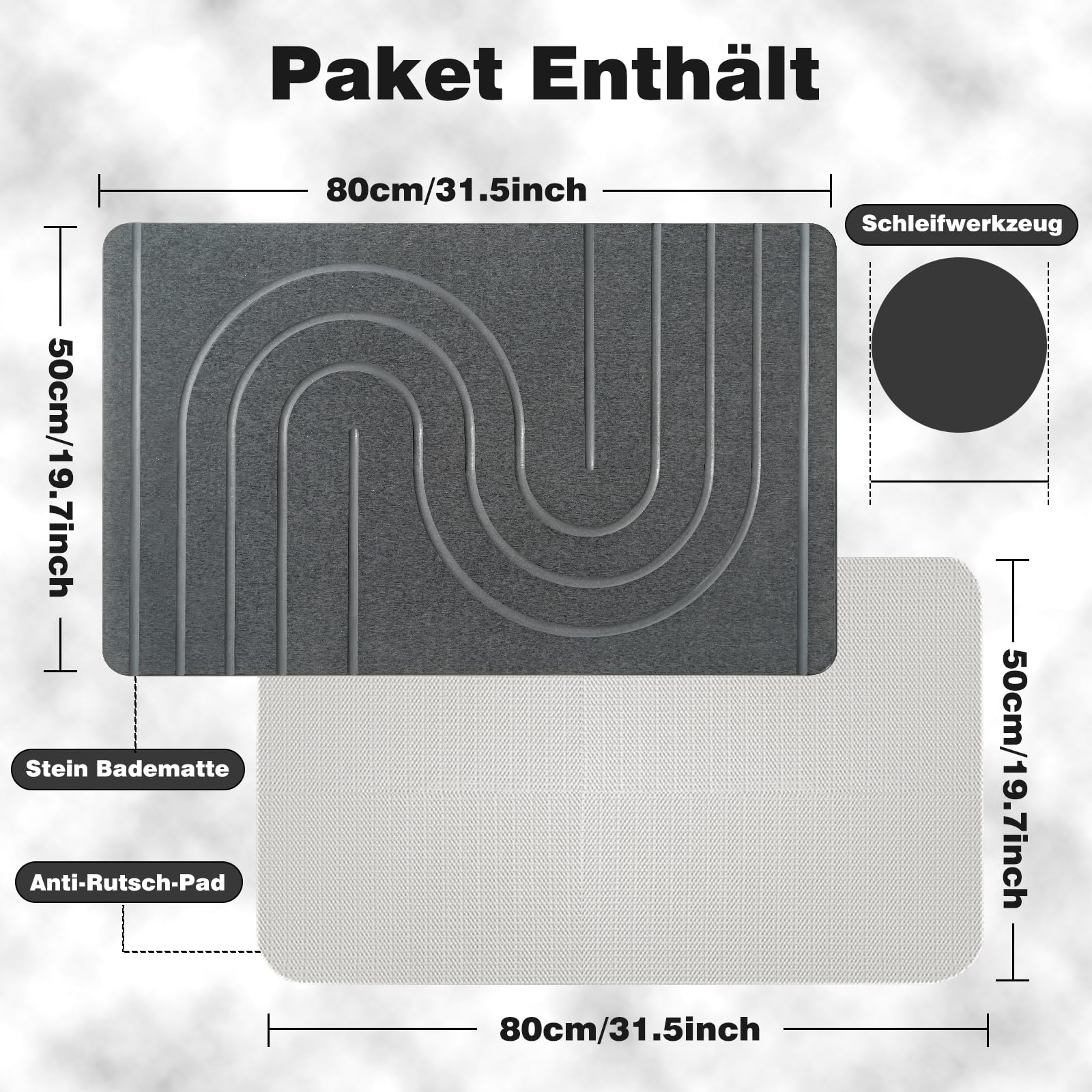 Groß Stein Badenmatte 80x50cm, 2024 Neu Kieselgur Badematte rutschfest, Duschvorleger Badvorleger Schnell Trocknend 100% Natürlich, Super Saugfähig Badezimmermatte (Grau, 80x50cm)