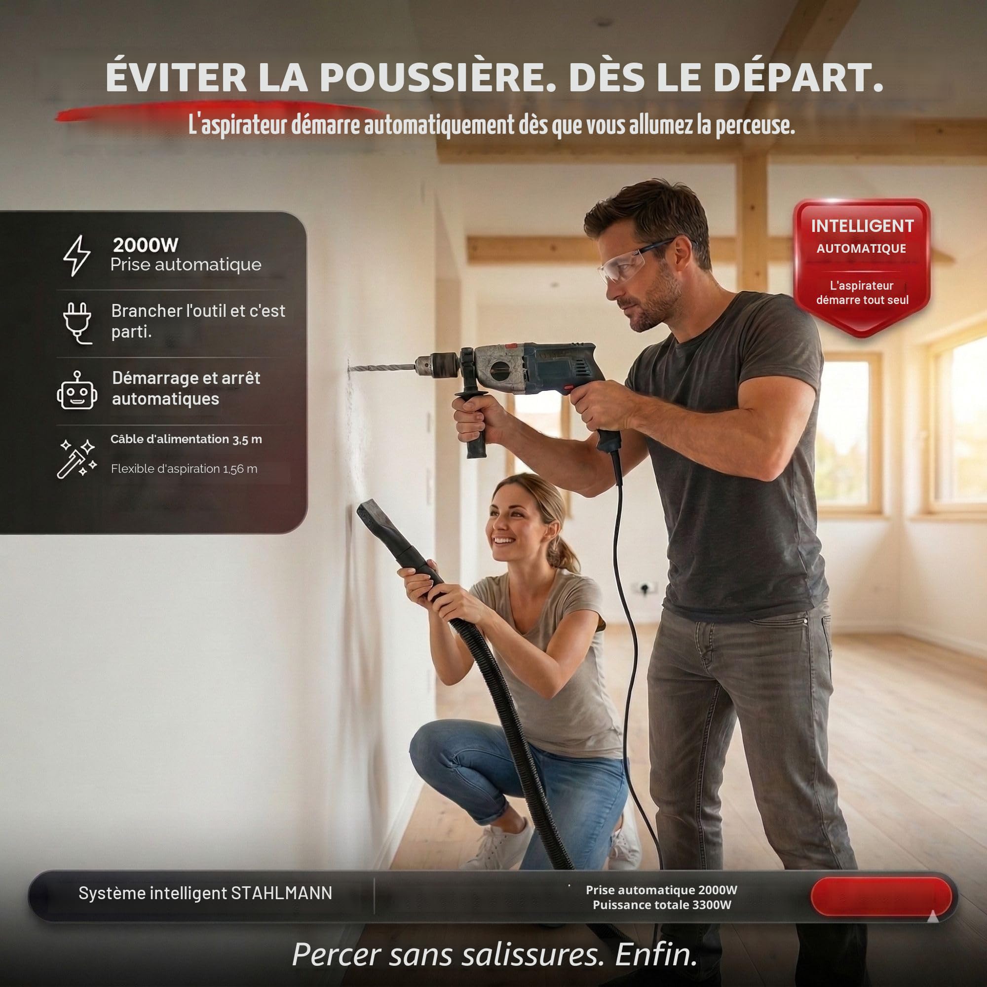 STAHLMANN VAC3300 Aspirateur industriel - Réservoir de 30 l - Prise intégrée - Puissant 3300 W - Avec et sans sac - Fonction soufflage - Connexion machine - Appareil professionnel - Aspirateur