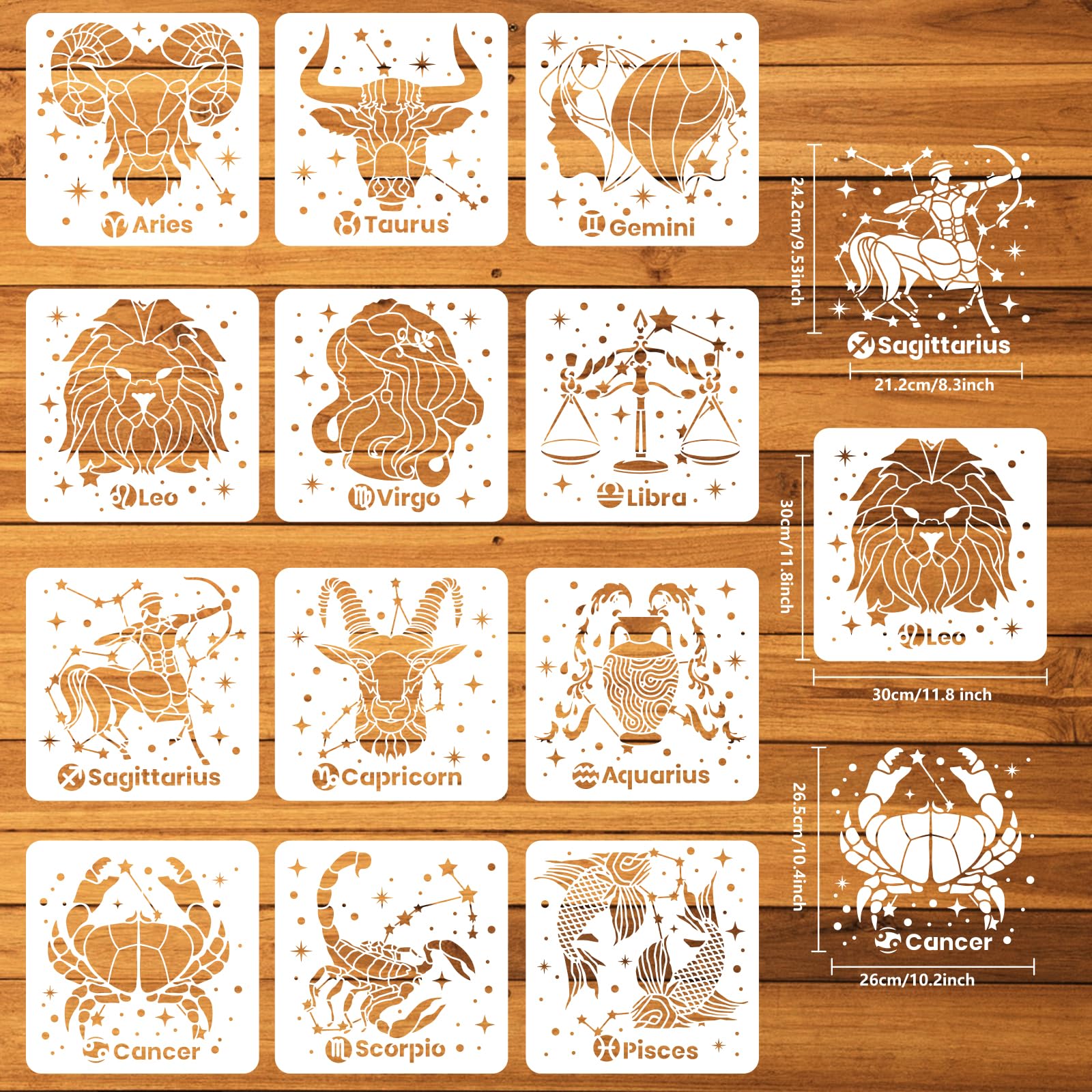 FINGERINSPIRE 12 plantillas de constelación de 30 x 30 cm, reutilizables, símbolos del zodiaco, plantilla de pintura, manualidades, decoración astrológica, plantilla para pintar sobre madera pared