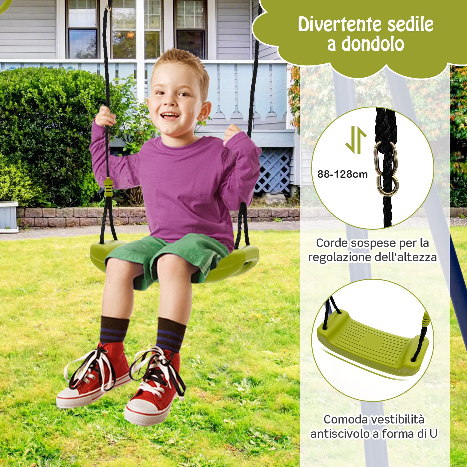 COSTWAY Set Altalene da Giardino per Bambini, Altalena 3 in 1 con Supporto in Metallo, Altalena a Doppio, Anelli da Ginnastica, Capacità 150 kg, per Esterno, 3-10 Anni, 278 x 142 x 177cm
