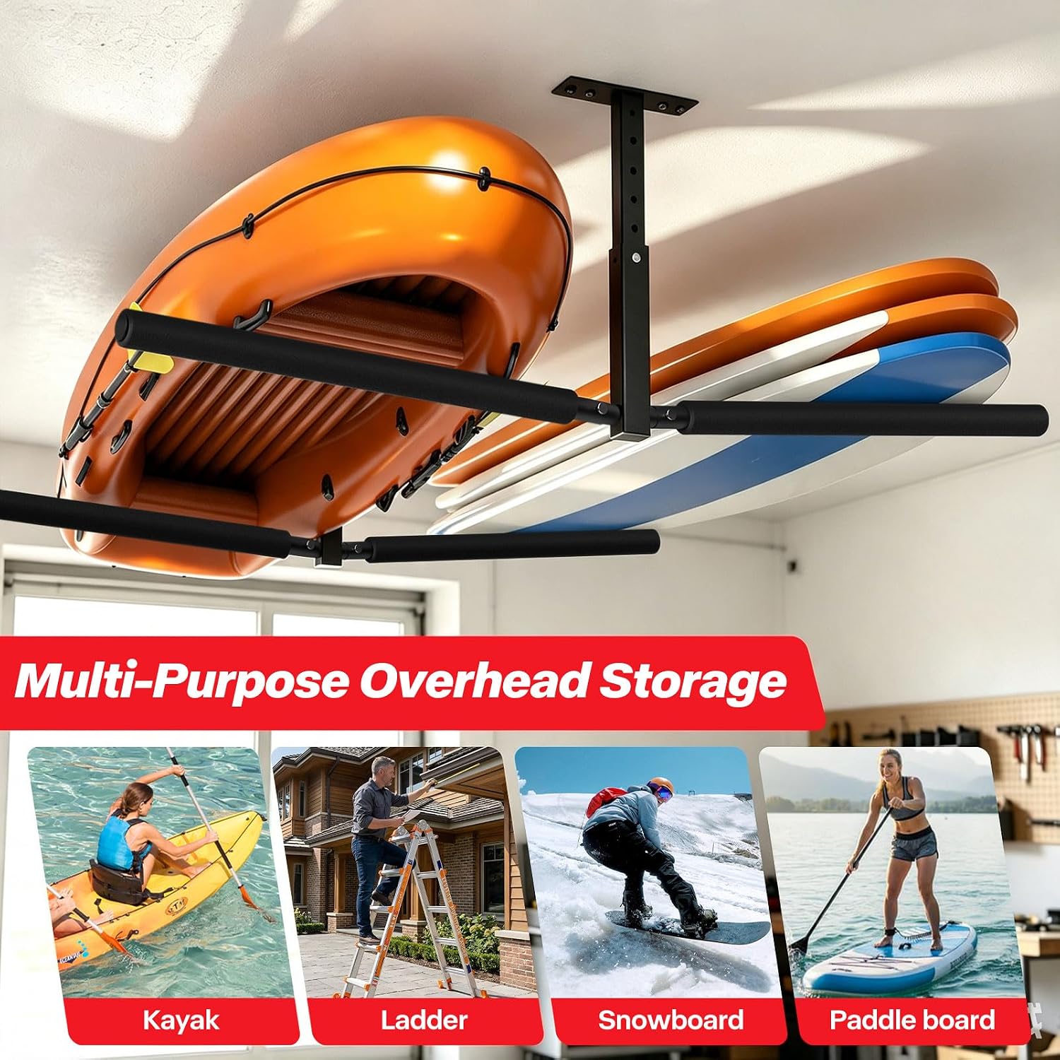 Ceiling Kayak Storage Rack for Garage, Heavy-Duty Overhead Kayak Hanger | Adjustable ceiling mount kayak hanger, space-saving overhead rack hold SUP, surfboard, snowboard and garage ladder storage