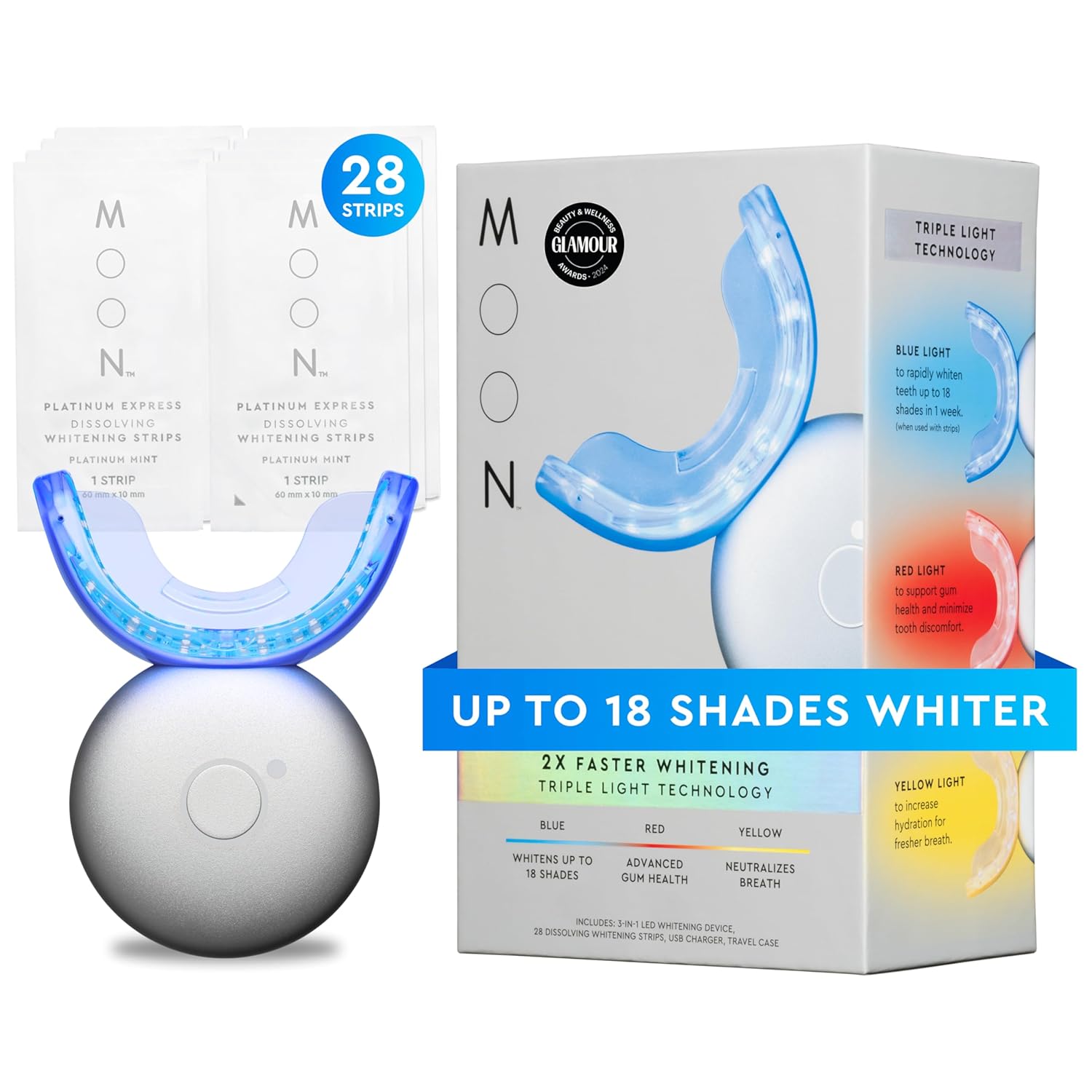 MOON Teeth Whitening Kit Platinum Teeth Whitener LED Device 28 Dissolving White Strips Yellow Blue Red Light Whitening