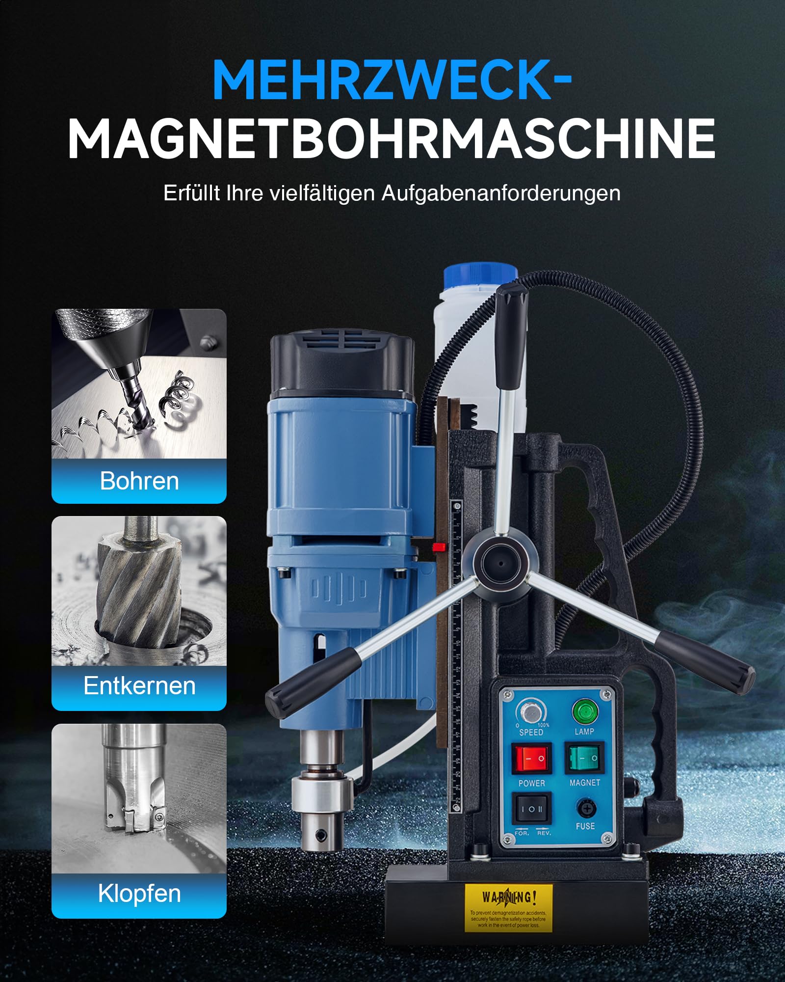ZELCAN 1950W Trapano Magnetico 13900N 650 giri/min con Velocità Variabile, 50 mm Diametro Massimo di Foratura con 6 Punte HSS 12 – 27 mm per Superficie Metalliche Domestica Industriale