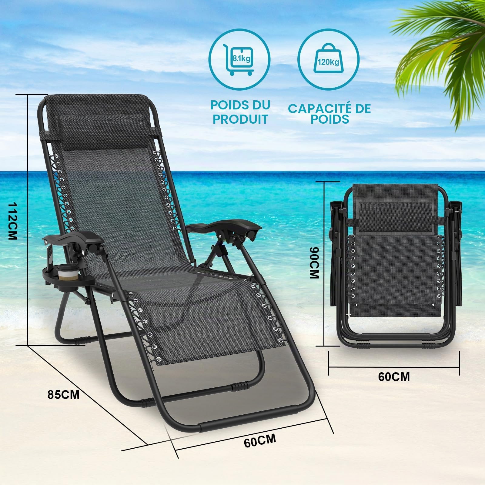 Chaise Longue Pliante，Bain de Soleil，Fauteuil Relax Jardin avec Repose-Tête et Porte-Gobelet,Inclinables，Transat de Plage，Chaise de Camping，Transat de Relaxation pour Patio Jardin Plage，Noir