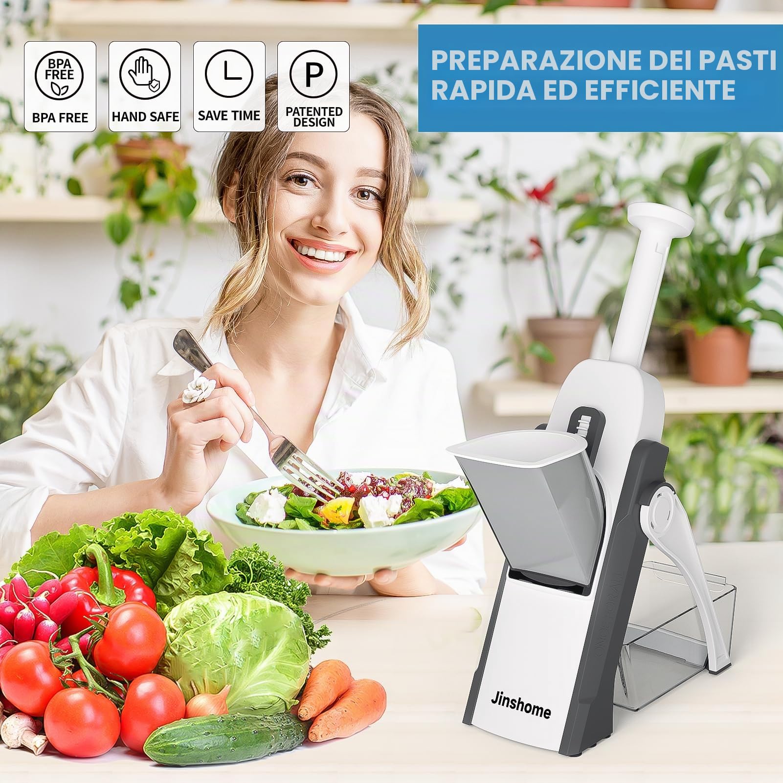 Affettatrice a mandolina sicura e tritaverdure, affettatrice multi patate per cucina, 4 modalità, oltre 100 preset, spessore regolabile, (grigio)