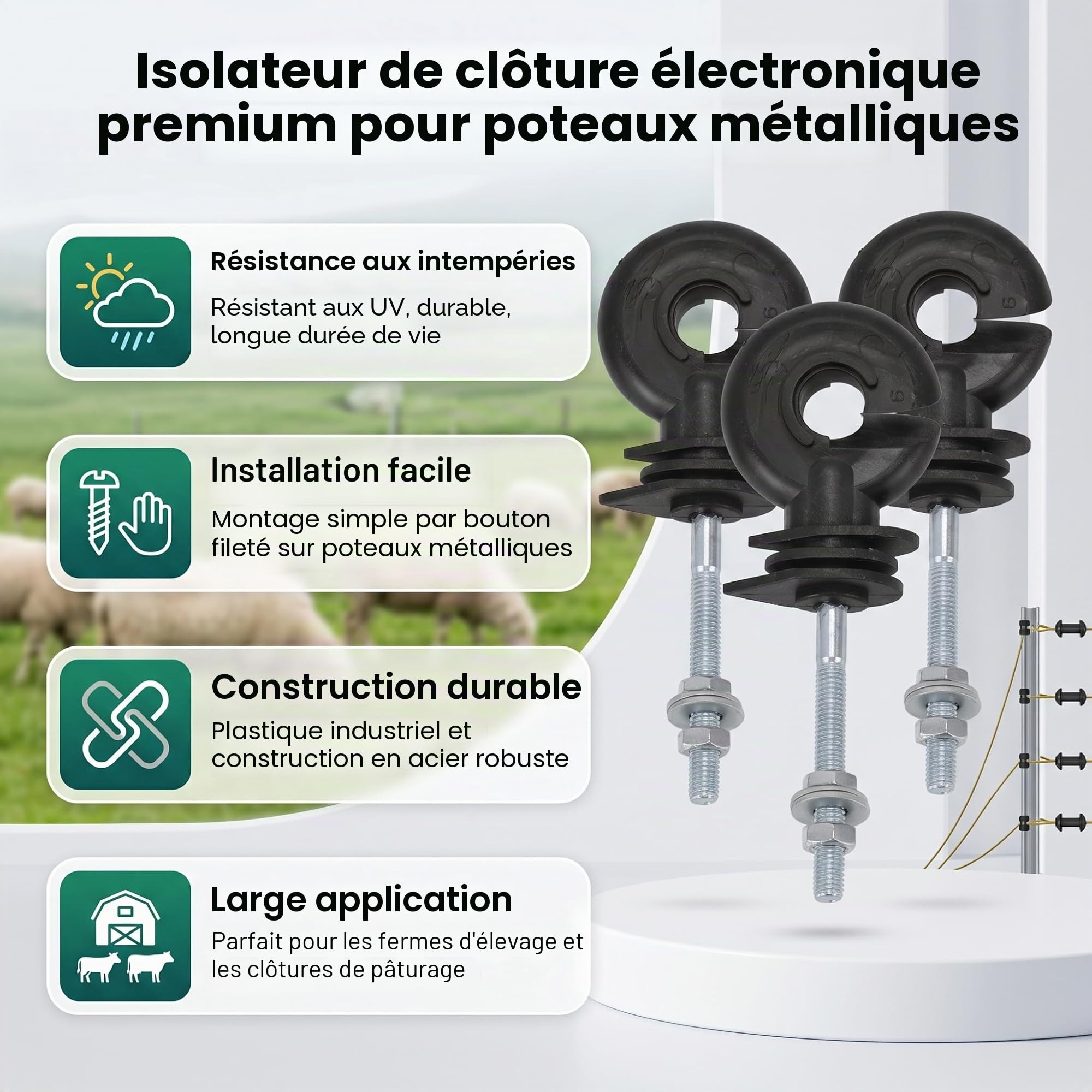 Ausla Lot de 100 Isolateurs pour Clôture Électrique Noir, Isolants à Anneau Vissable Anti-intempéries, Remplacement pour Clôture Électrique pour Piquets Métalliques