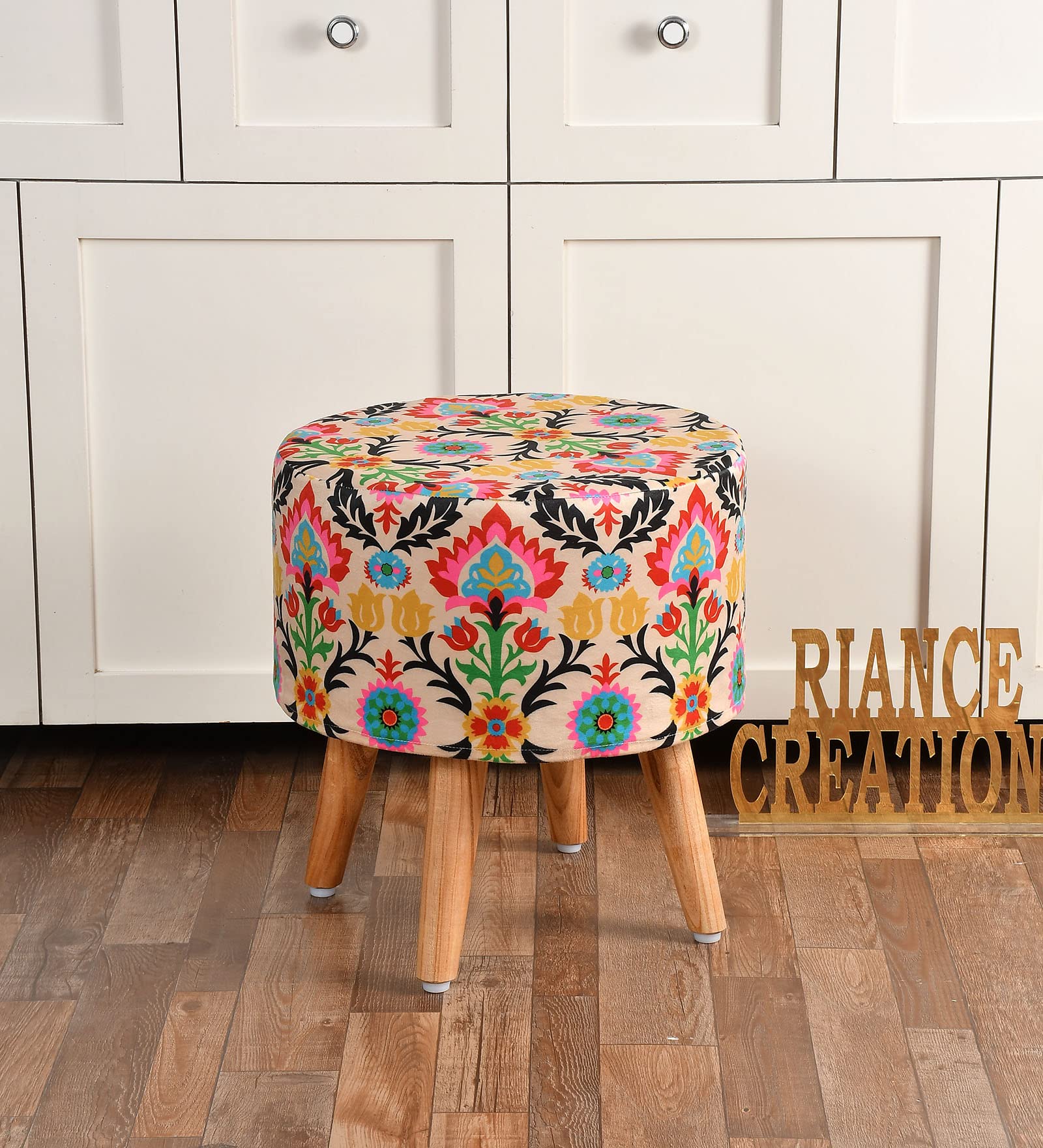 Ottoman Pouffe Seating Stool for Living Room - Handcrafted Foot Rest With Cushion for Bedroom - Puffy Furniture 16x16x17" Leaf Printed Multicolor