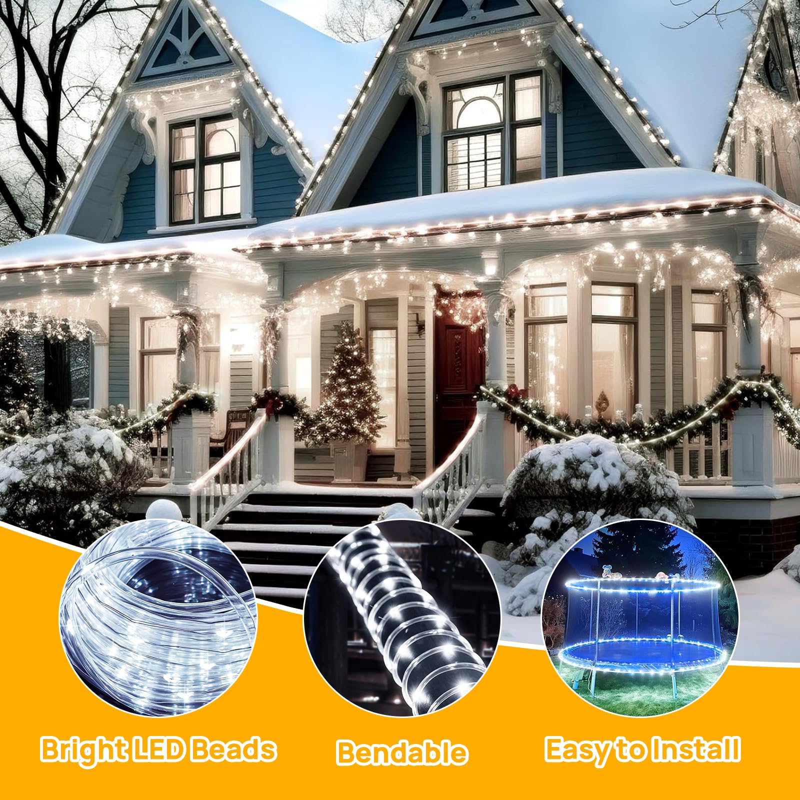 Aofonchy Solar LED Rope Lights Outdoor, 66Ft 200 LEDs Waterproof Tube String Lights with 8 Modes & Remote Control - Image 3