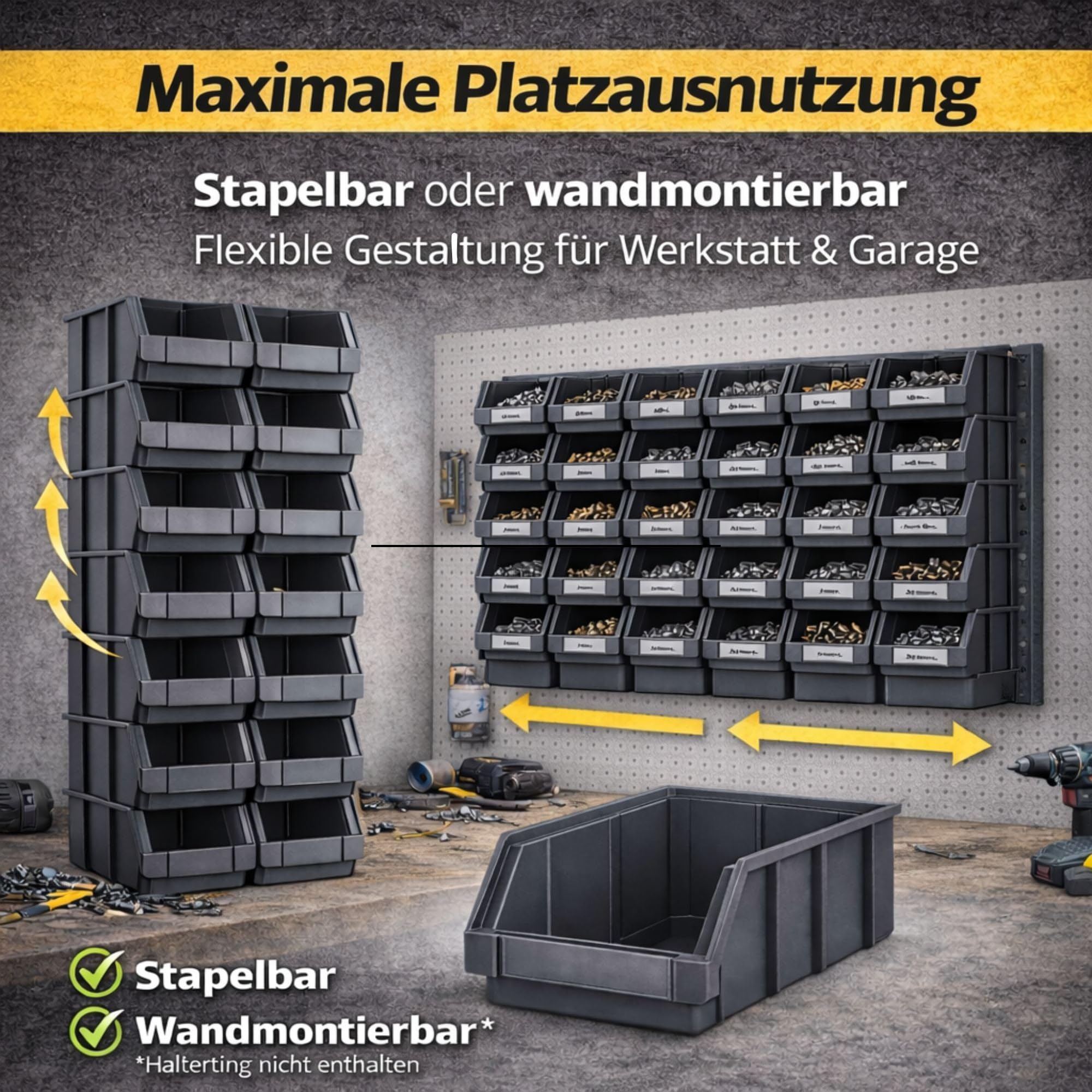 RODOPI 36er Set Stapelboxen, Größe S | Sichtlagerkästen 161x105x75mm | Robuste Lagerboxen für Werkstatt, Garage, Keller | Aufbewahrungsboxen für Kleinteile Anthrazit