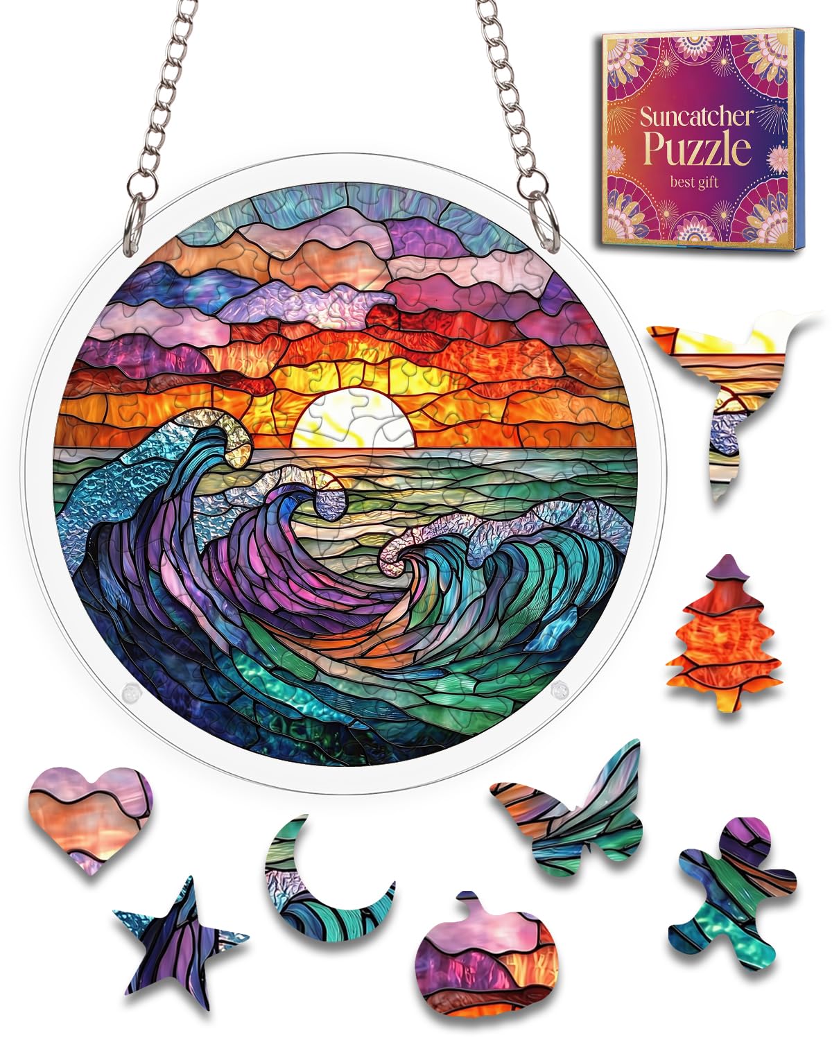 Acrylic Jigsaw Puzzle Suncatcher Sunset Ocean Waves Adult Puzzles Gift 7.8"