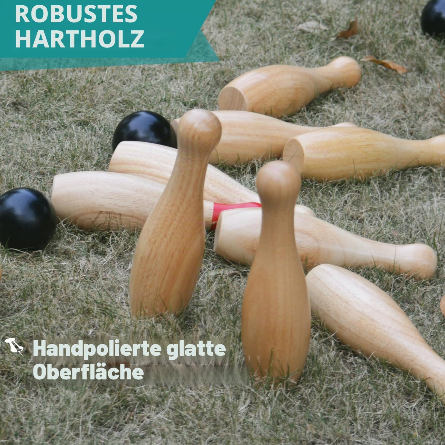 Bowlingspiel aus Holz, Wurfflaschen, Rasen-Spiel für die Familie, Spiel-Set mit Tragetasche (H 26 cm, 10 Stifte + 3 Bälle)