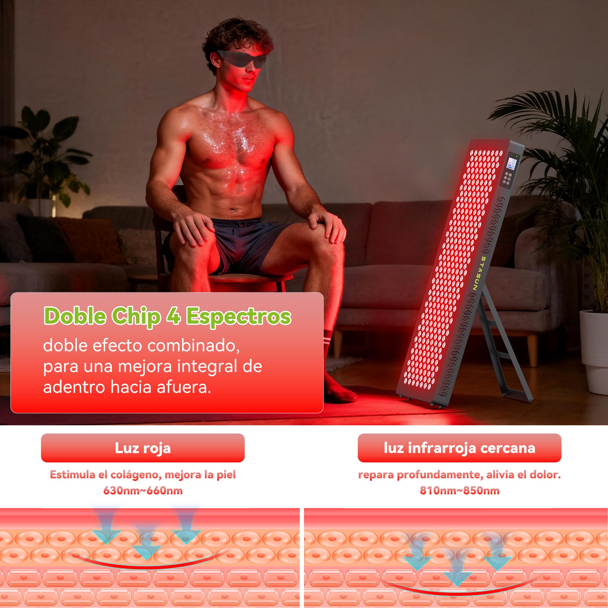 STASUN Dispositivo de terapia de luz roja de doble chip, 4 espectros, 660 y 850 nm, lámpara de luz roja completa, 300 ledes, 450 W, lámpara infrarroja para tratamiento facial, cosméticos, desarrollo