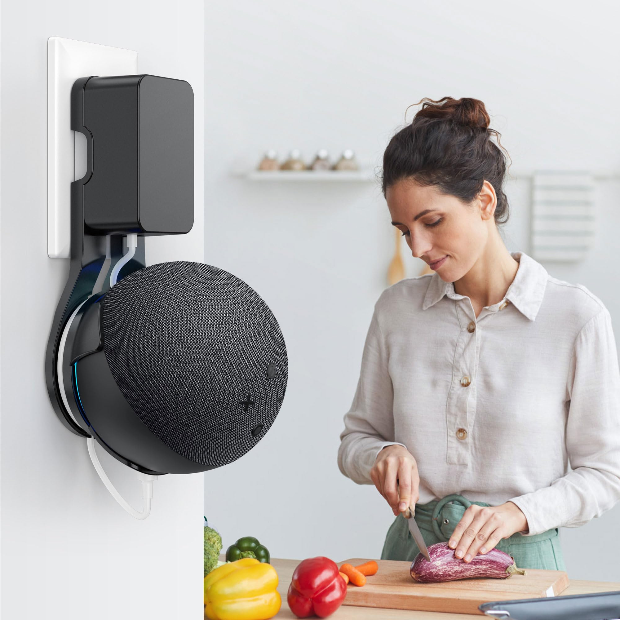 PlusAcc Steckerhalterung für Dot 5 Gen und Google - Wandhalterung mit integriertem Kabelmanagement zum Verstecken der Kabel, Steckdosenhalterung für Wohnzimmer, Schlafzimmer und Küche (Schwarz)