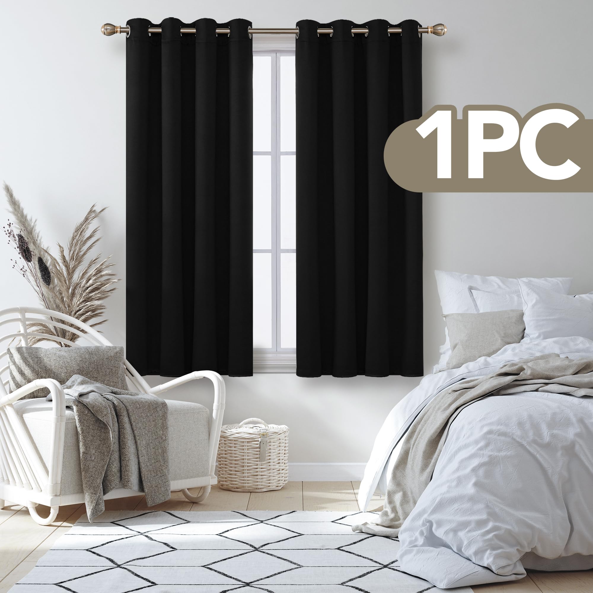 Deconovo Tenda Oscurante Termica per Camera da Letto e Soggiorno 138 CM Altezza 1 Pannello, per Interni Moderne con Anelli, 132x138 CM, Nero
