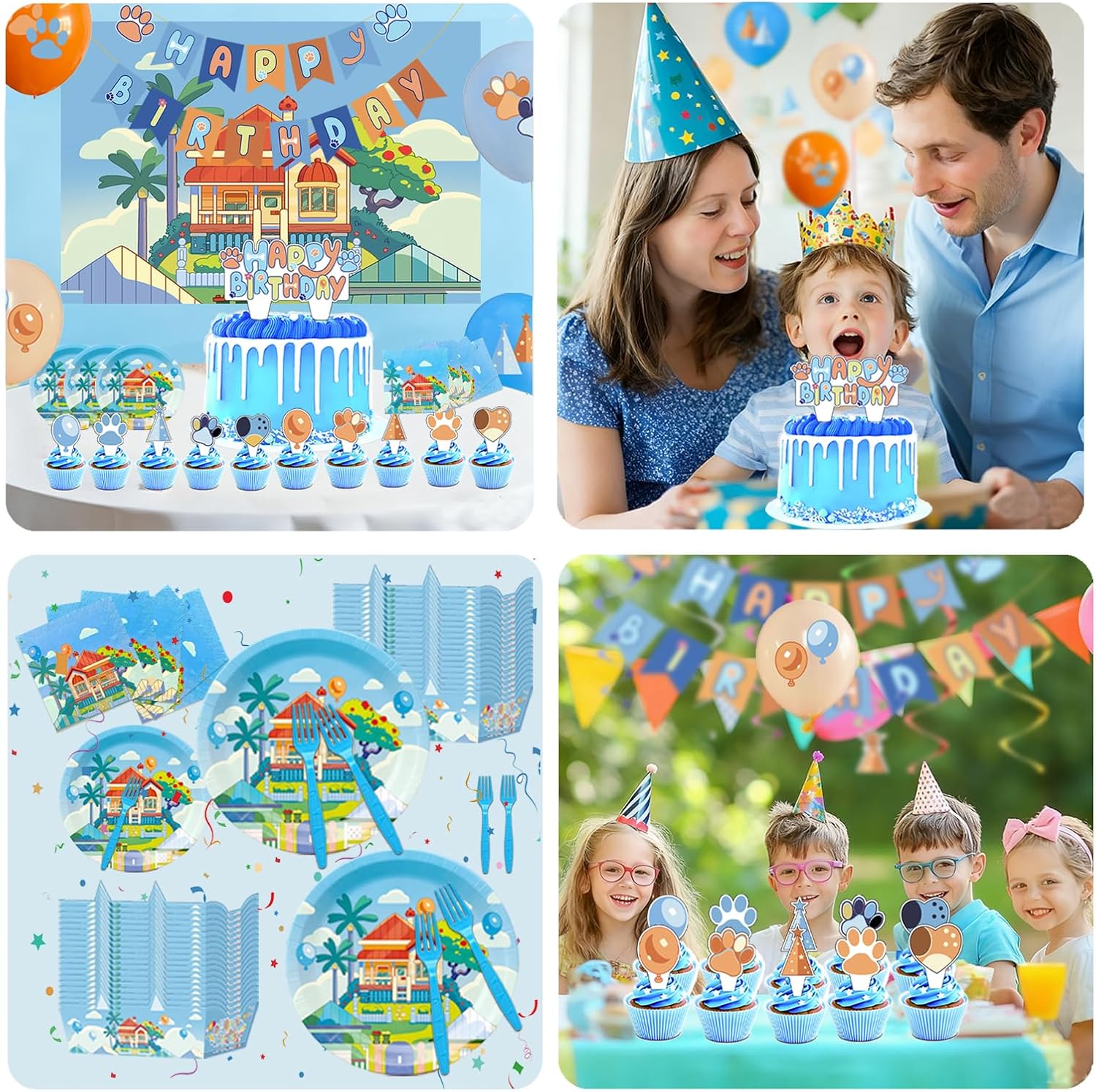 Blue Dog Birthday Decorations for 20 Guests - Blue Birthday Party Supplies Banner, Tablecloth, Balloons, Plates and Napkins, Fork, Cake Toppers, Paper Food Trays - Image 5