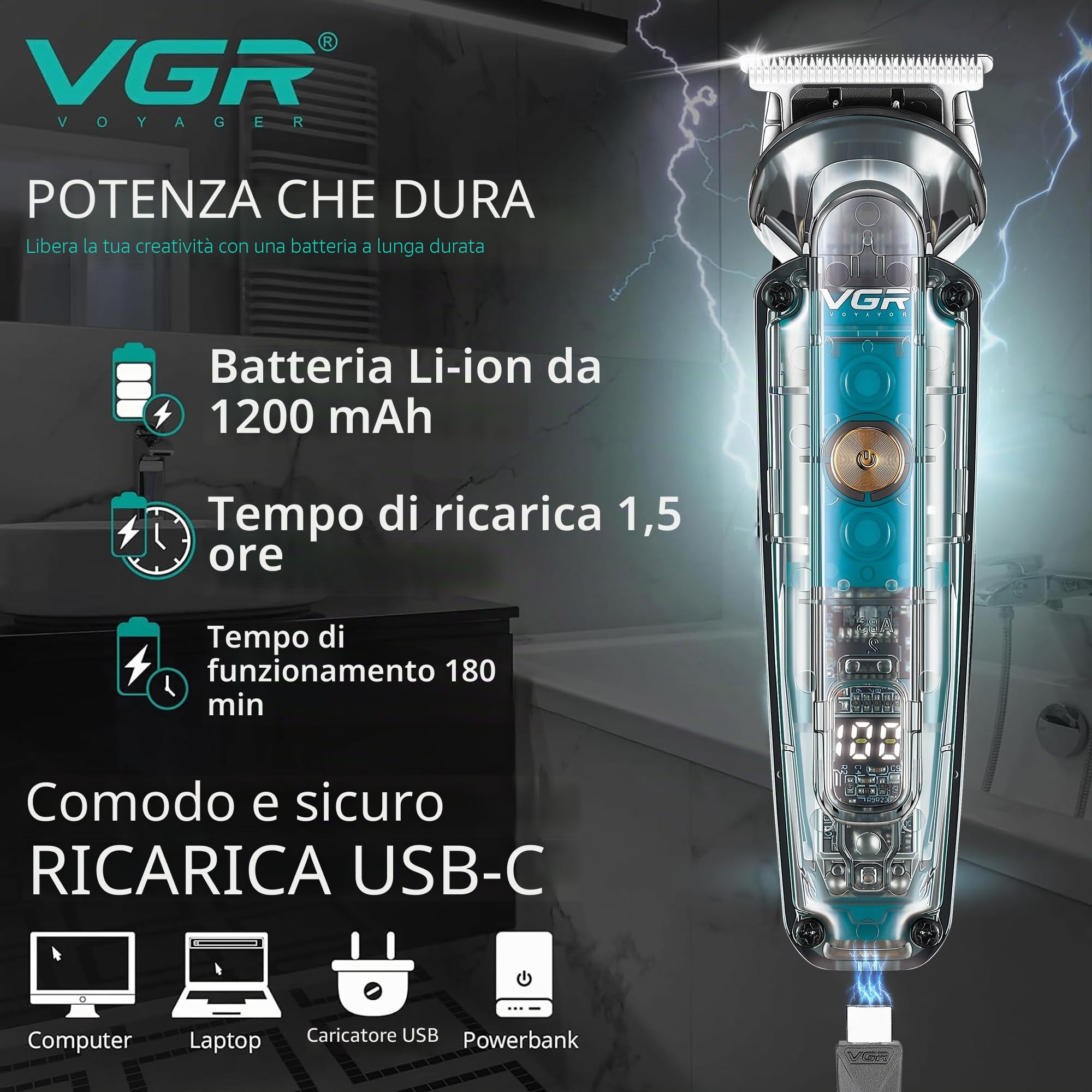 VGR Rasoio elettrico da uomo ricaricabile tramite USB-C All in One Grooming 180 Min Battery IPX6 Waterproof Cordless Hair Clippers – Rasoio elettrico maschio per viso, orecchio, naso, testa, corpo